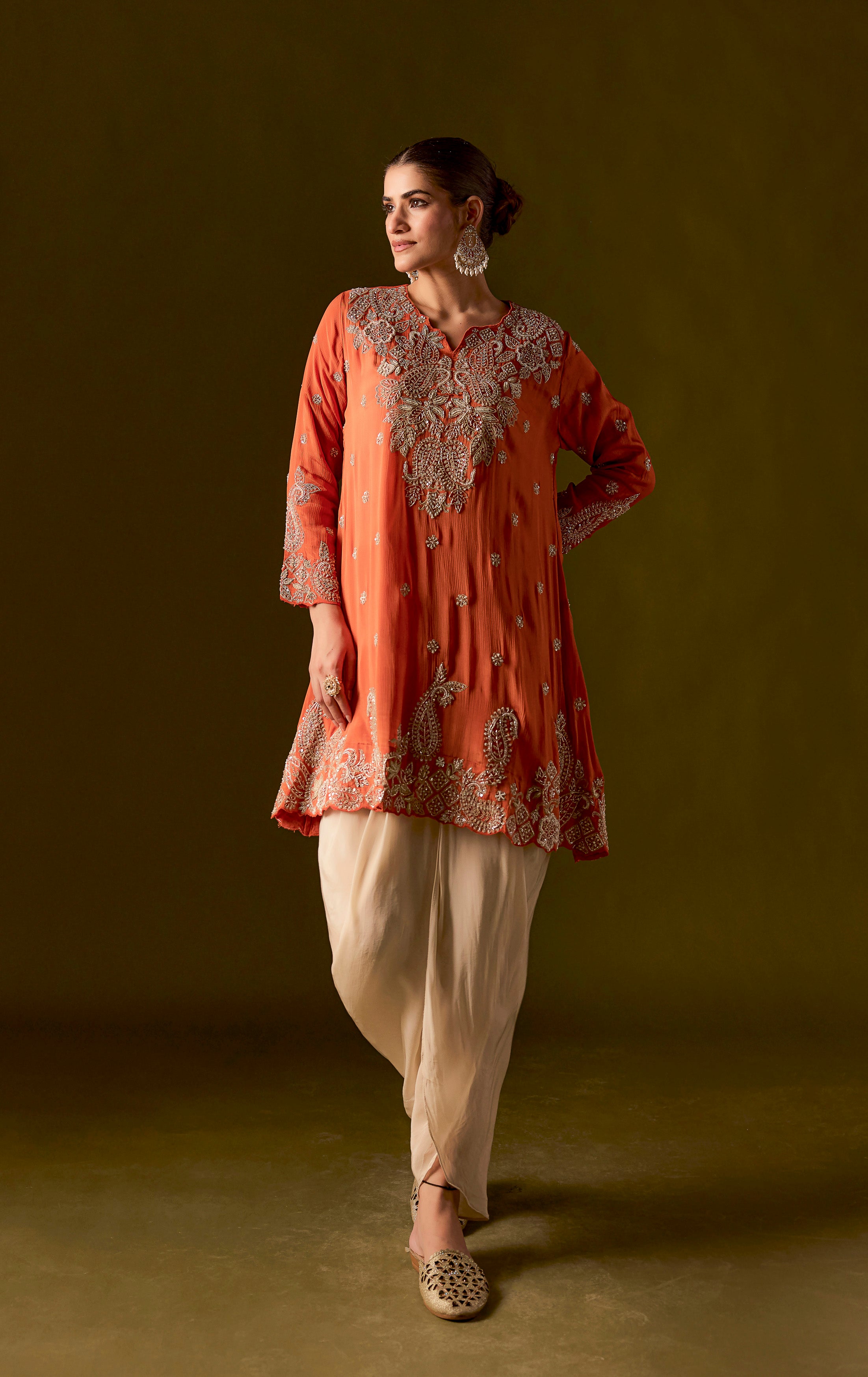Rust Embellished Chinon Silk Dhoti Set