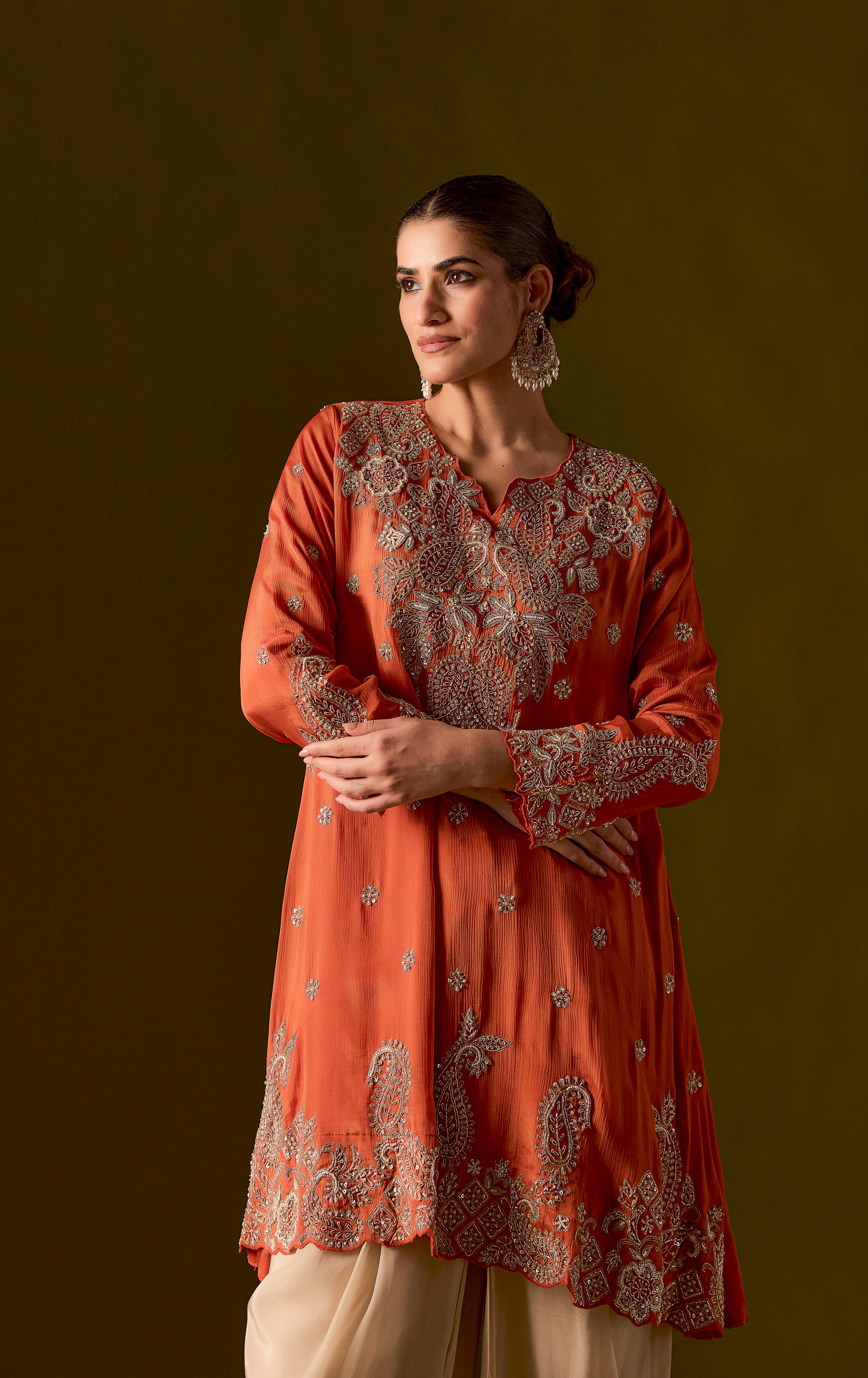 Rust Embellished Chinon Silk Dhoti Set