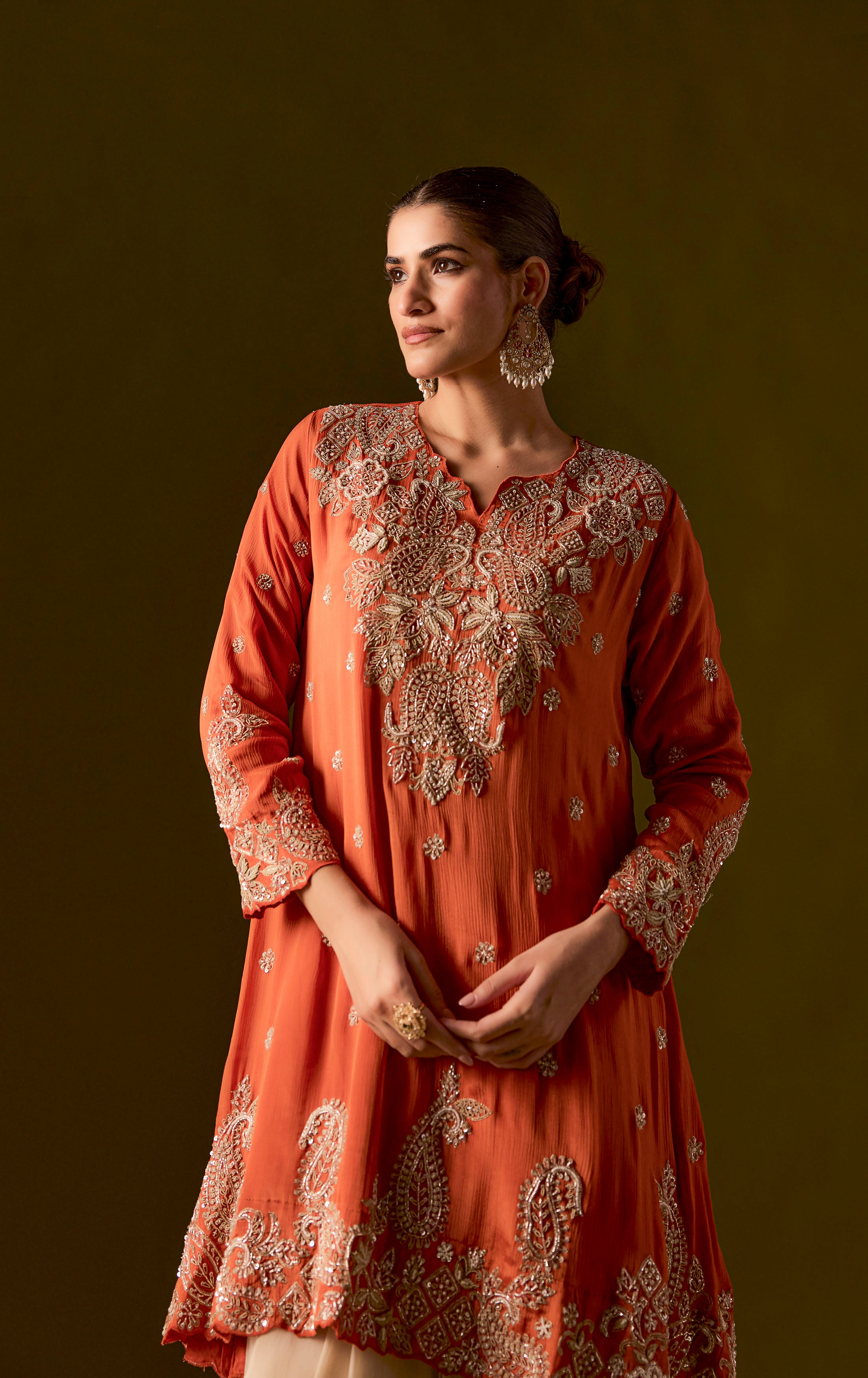 Rust Embellished Chinon Silk Dhoti Set