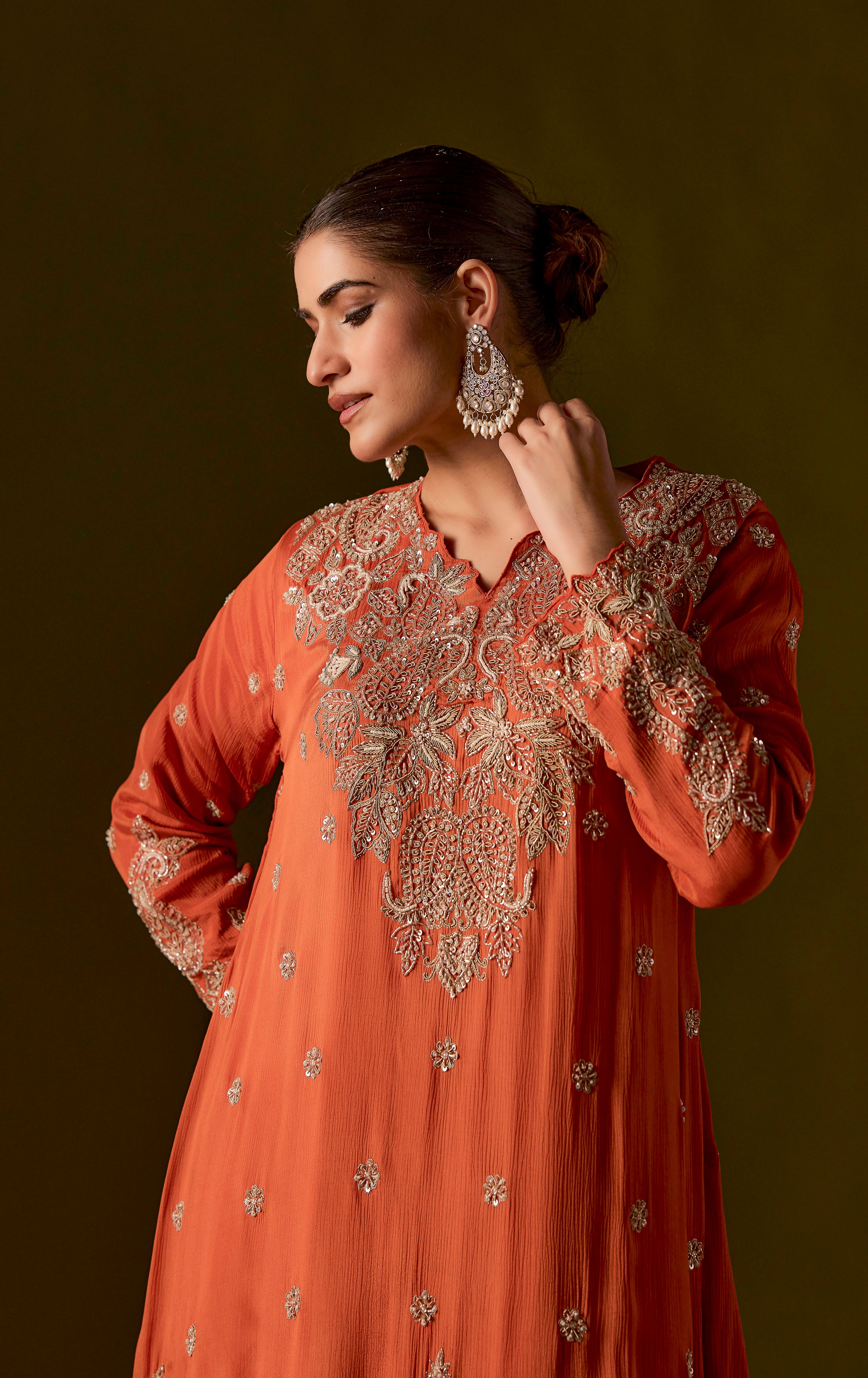 Rust Embellished Chinon Silk Dhoti Set