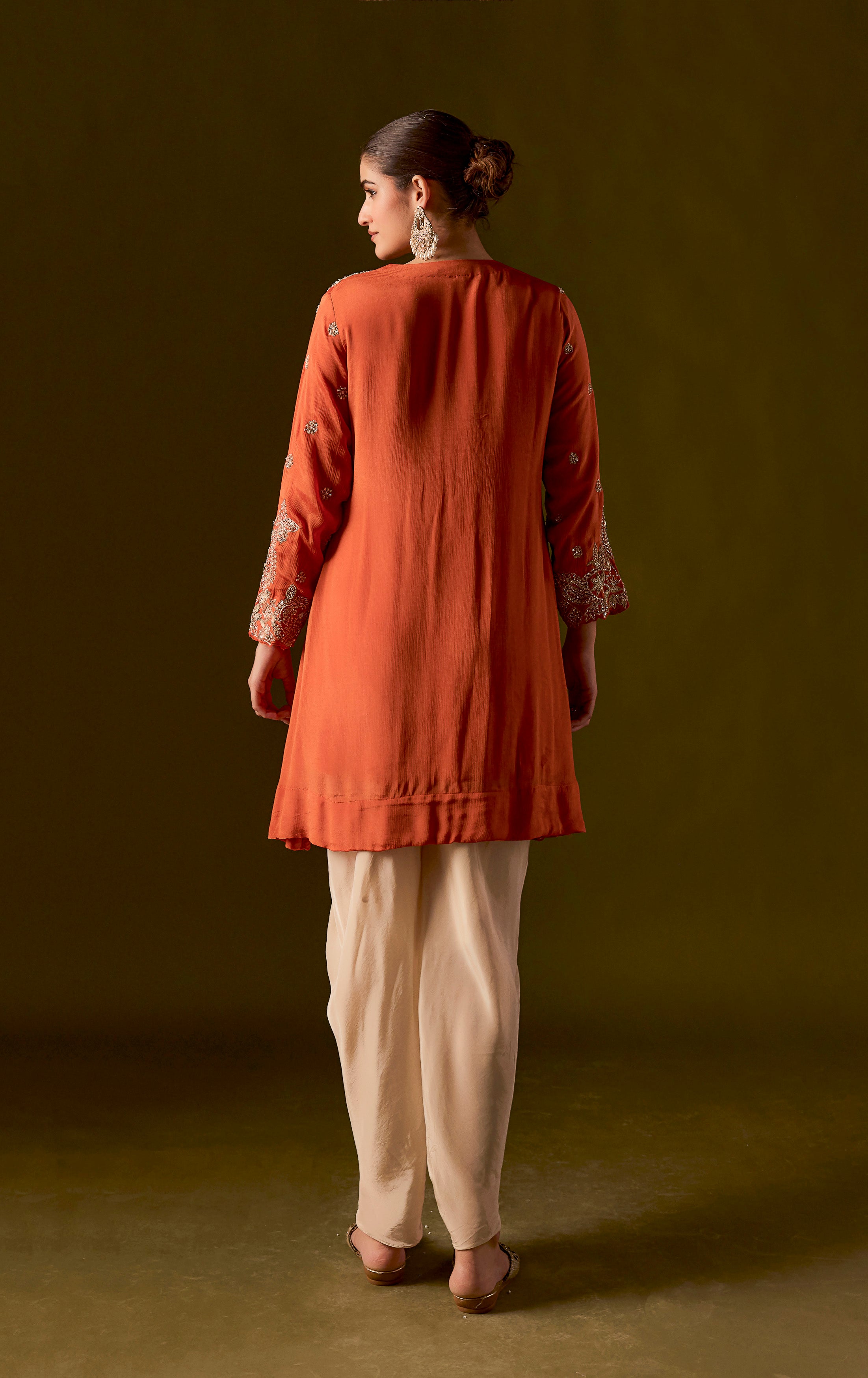 Rust Embellished Chinon Silk Dhoti Set