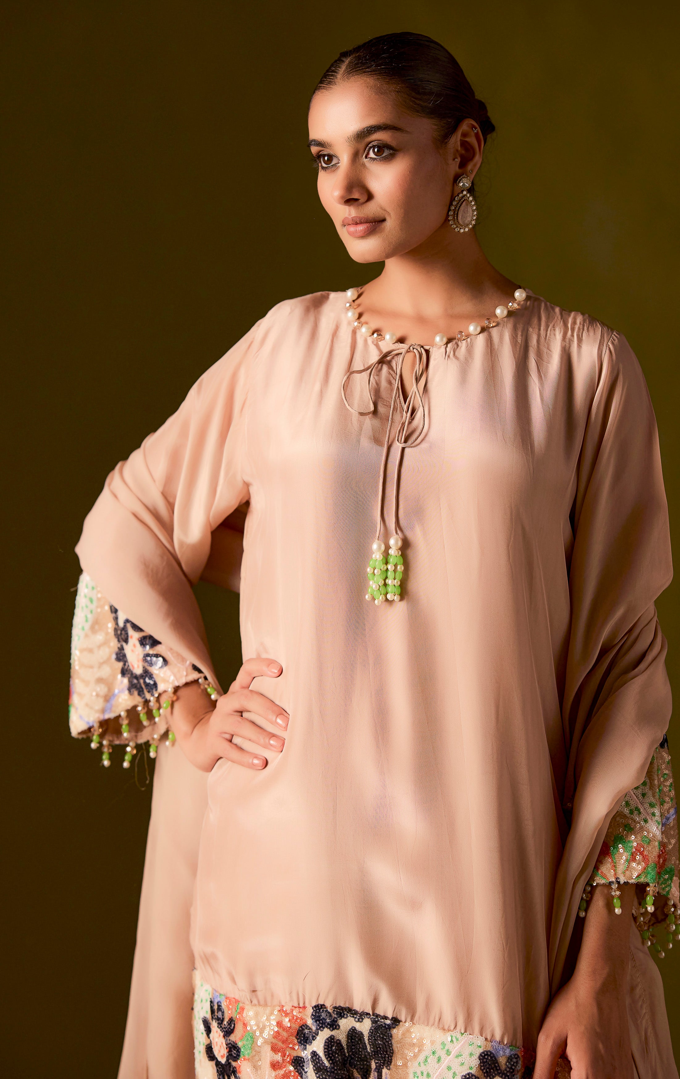 Muted Caramel Embellished Muslin Silk Dhoti Set