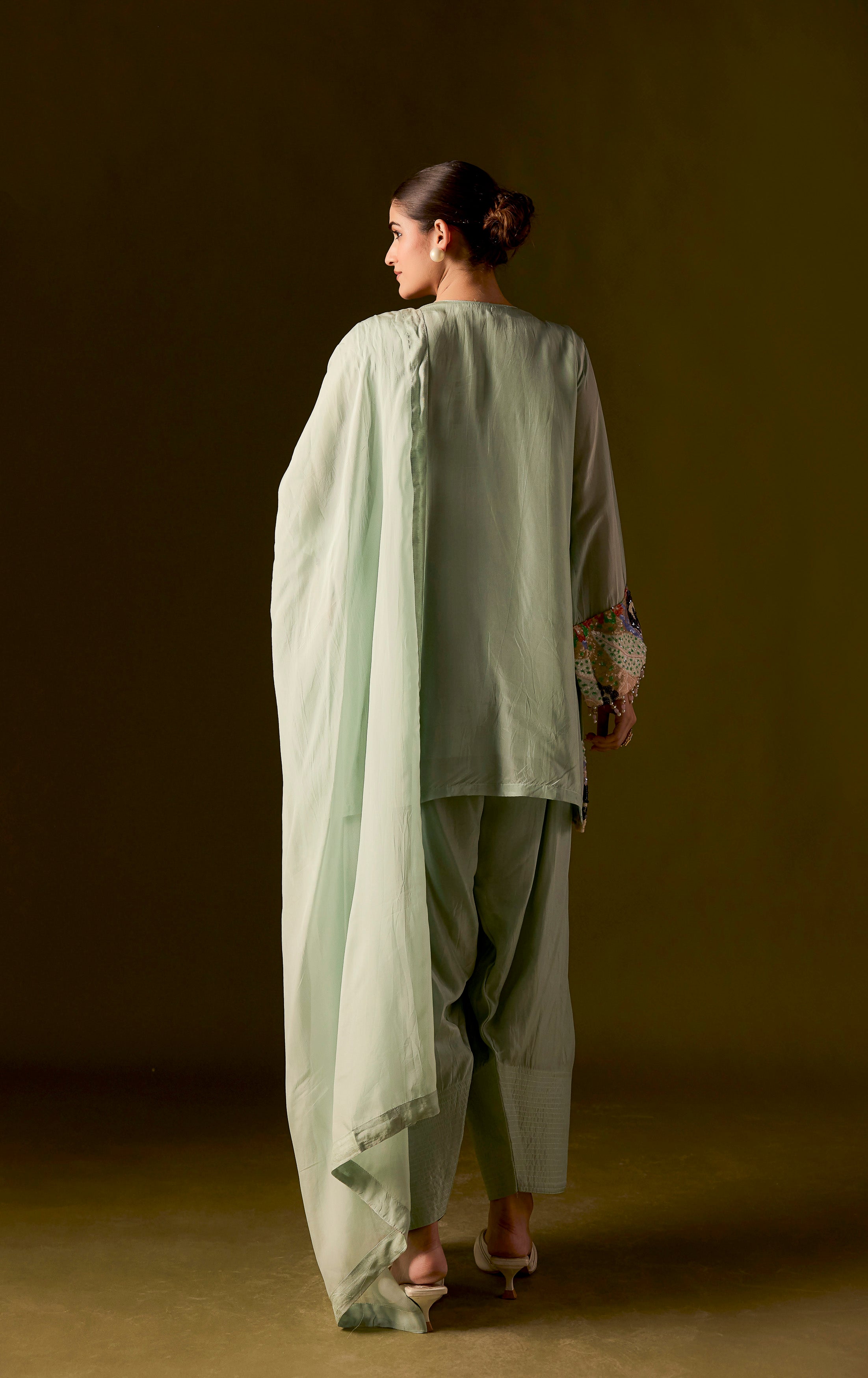 Pastel Green Embellished Muslin Silk Dhoti Set