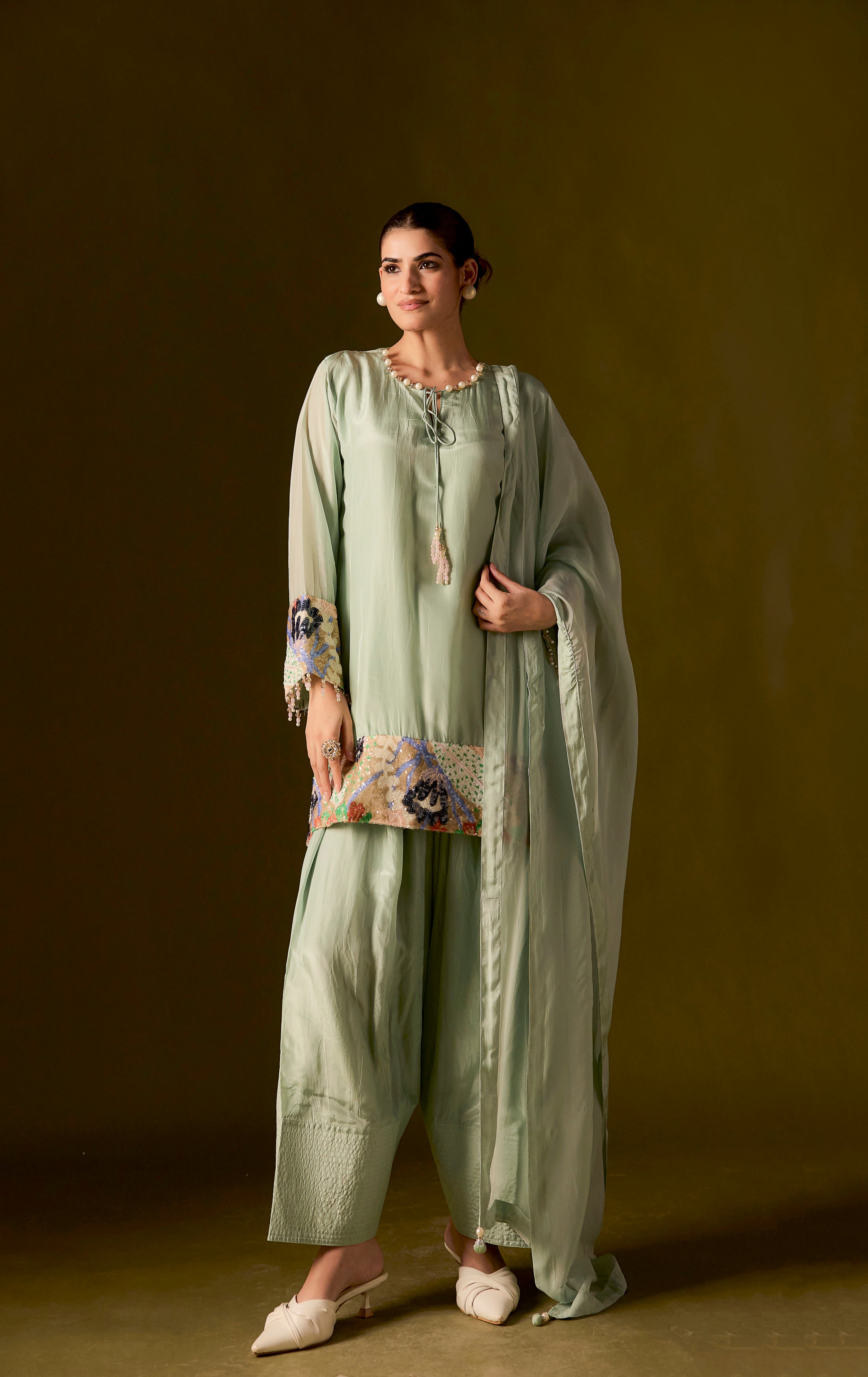 Pastel Green Embellished Muslin Silk Dhoti Set