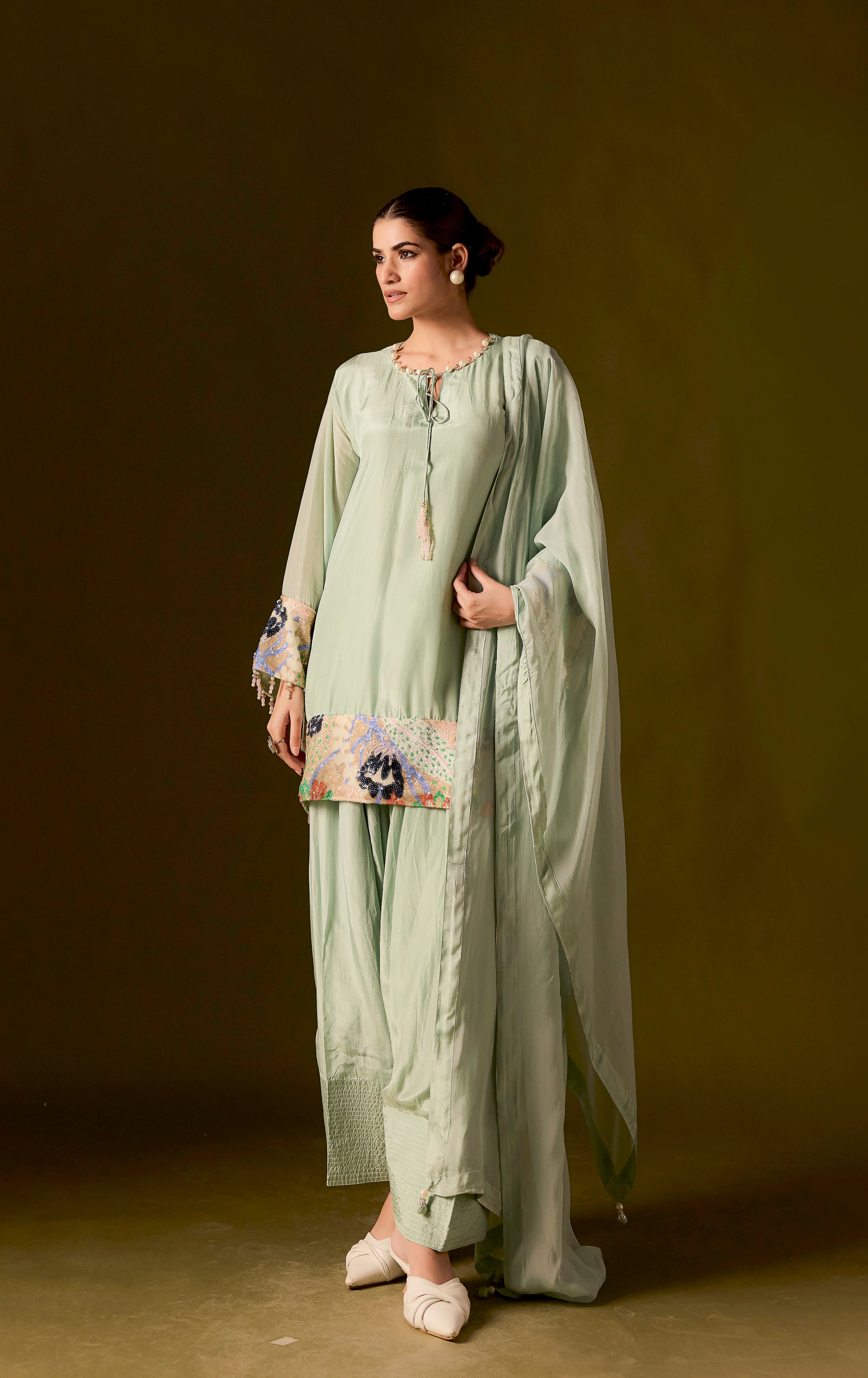 Pastel Green Embellished Muslin Silk Dhoti Set
