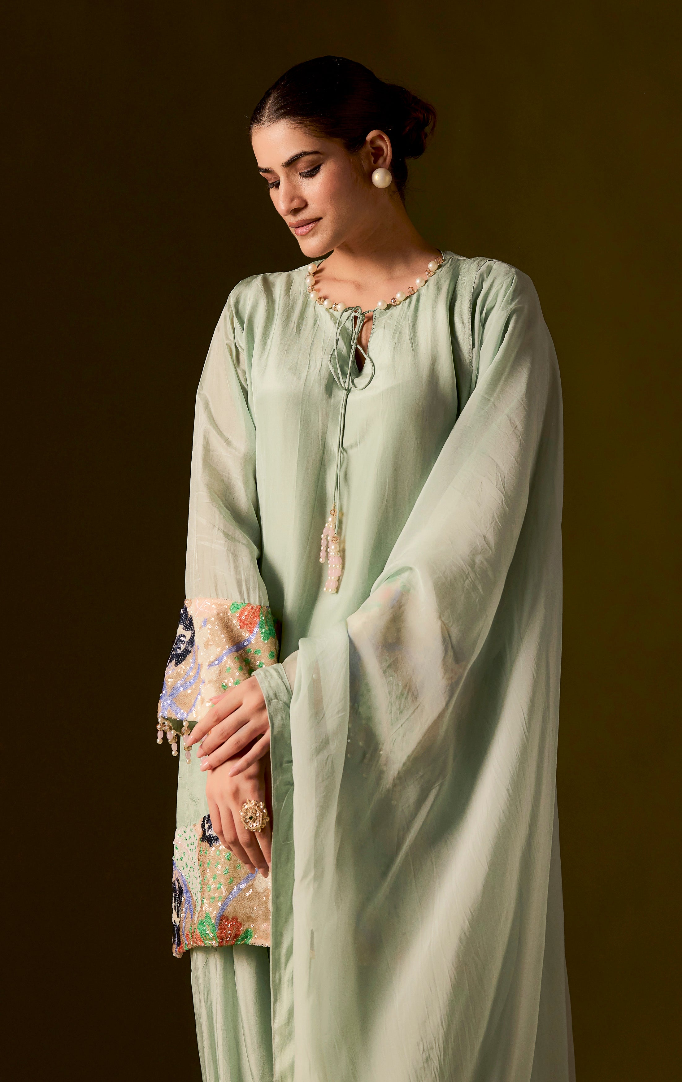 Pastel Green Embellished Muslin Silk Dhoti Set