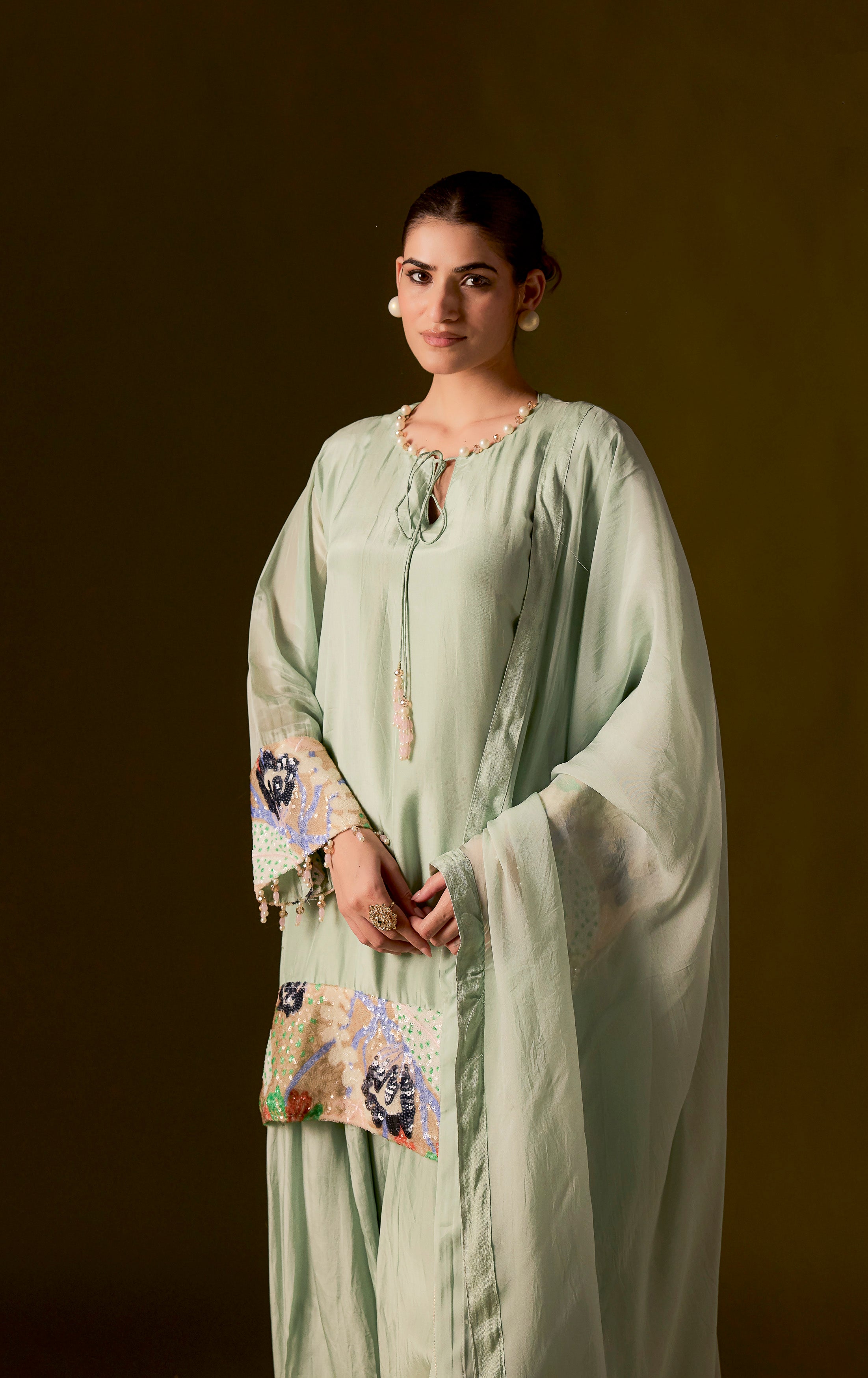 Pastel Green Embellished Muslin Silk Dhoti Set