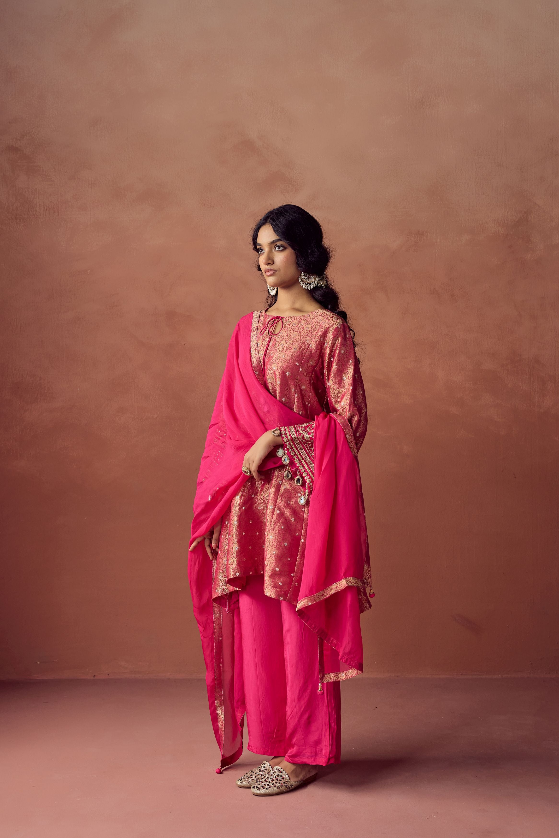 Rani Pink Embellished Brocade Organza Silk Pant Set