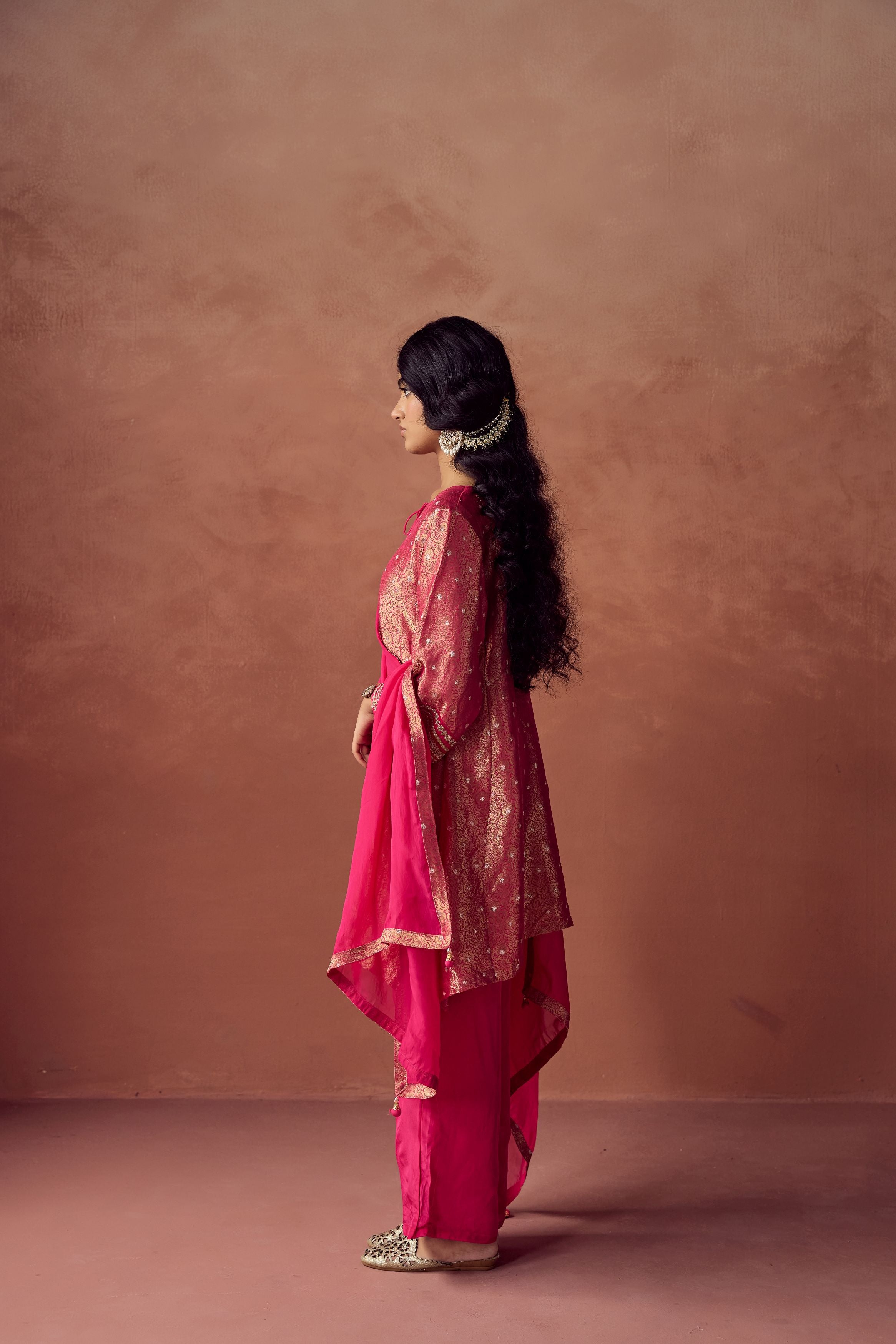 Rani Pink Embellished Brocade Organza Silk Pant Set