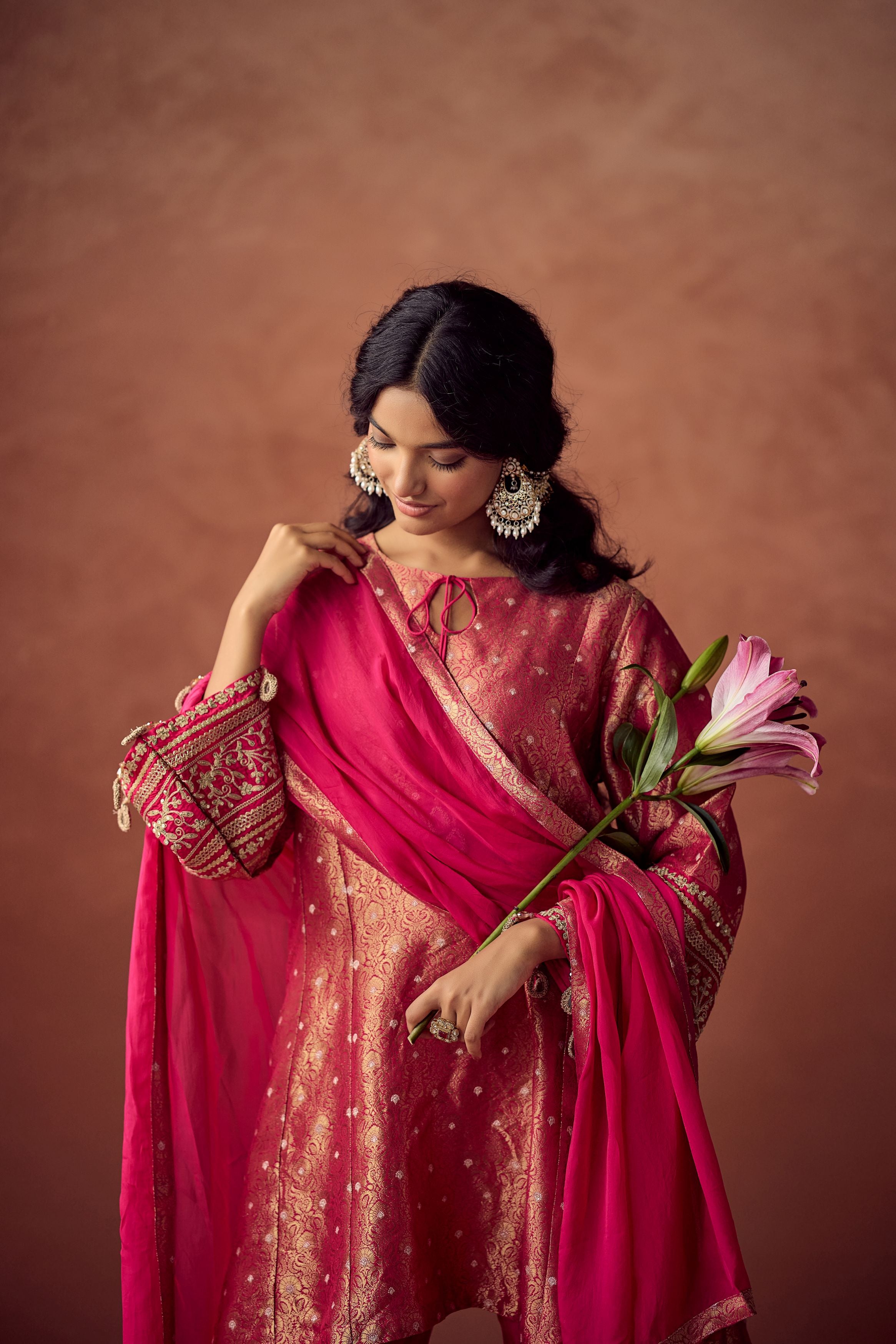 Rani Pink Embellished Brocade Organza Silk Pant Set