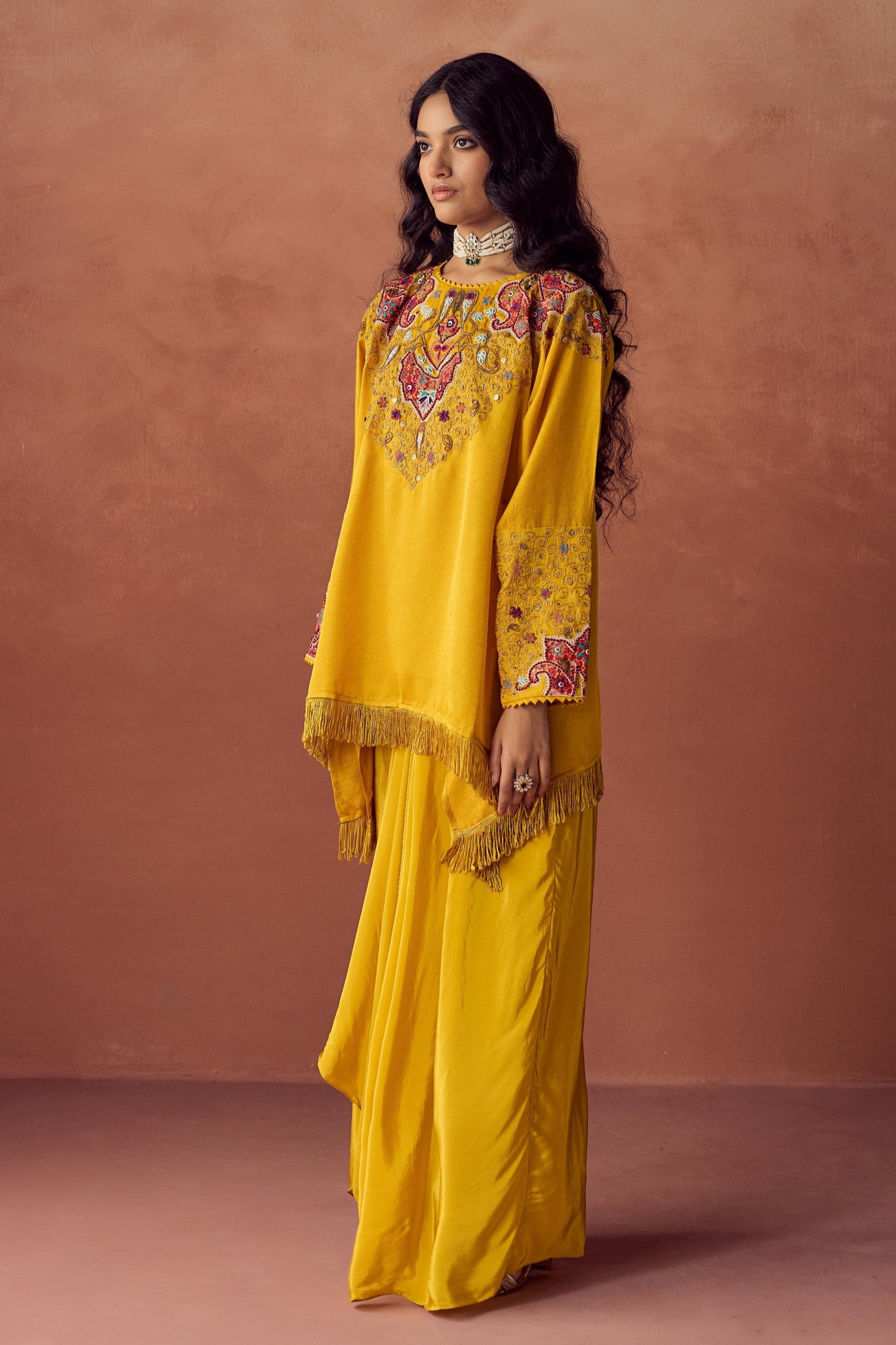 Sunlit Mustard Embellished Satin Silk Skirt Set
