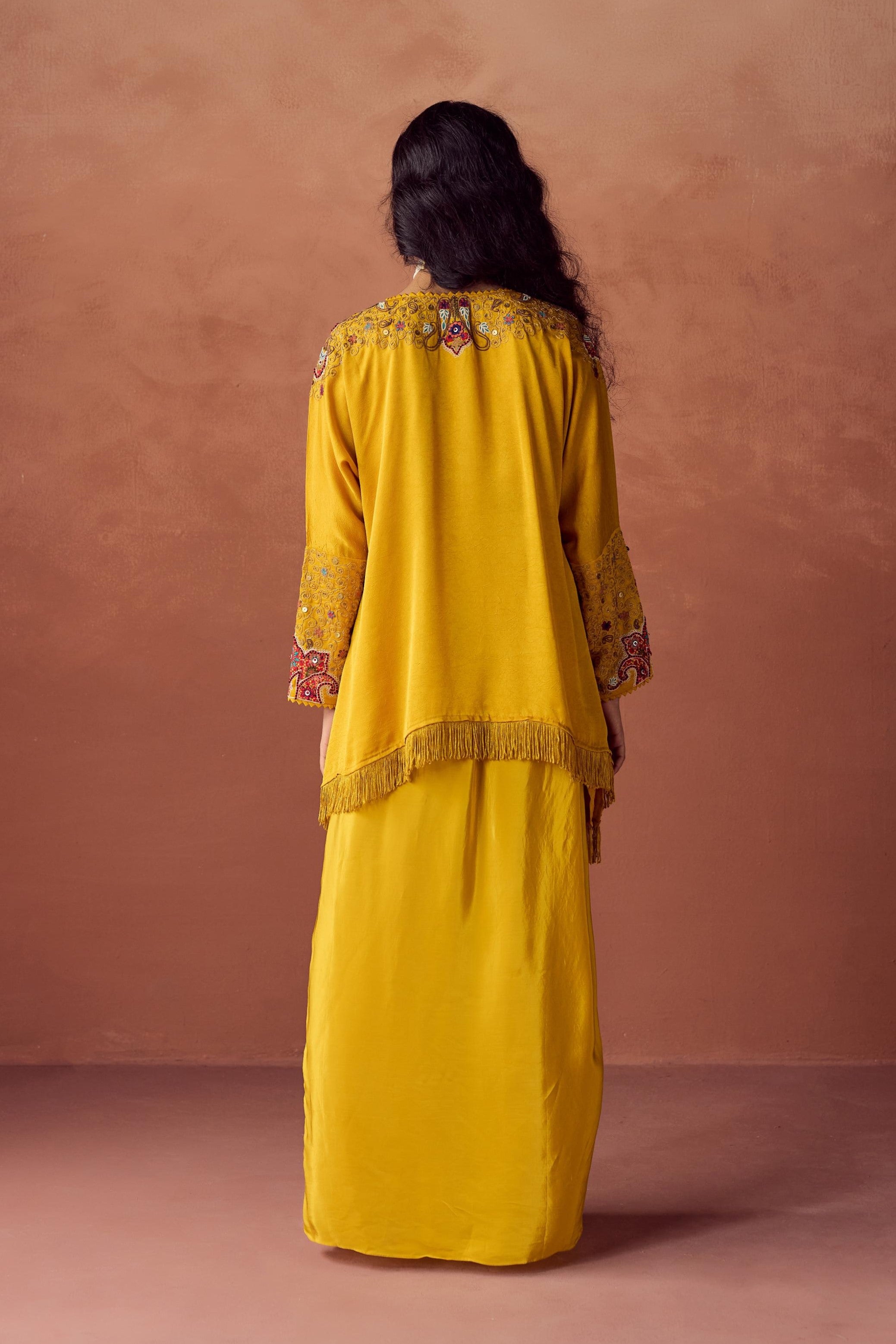 Sunlit Mustard Embellished Satin Silk Skirt Set