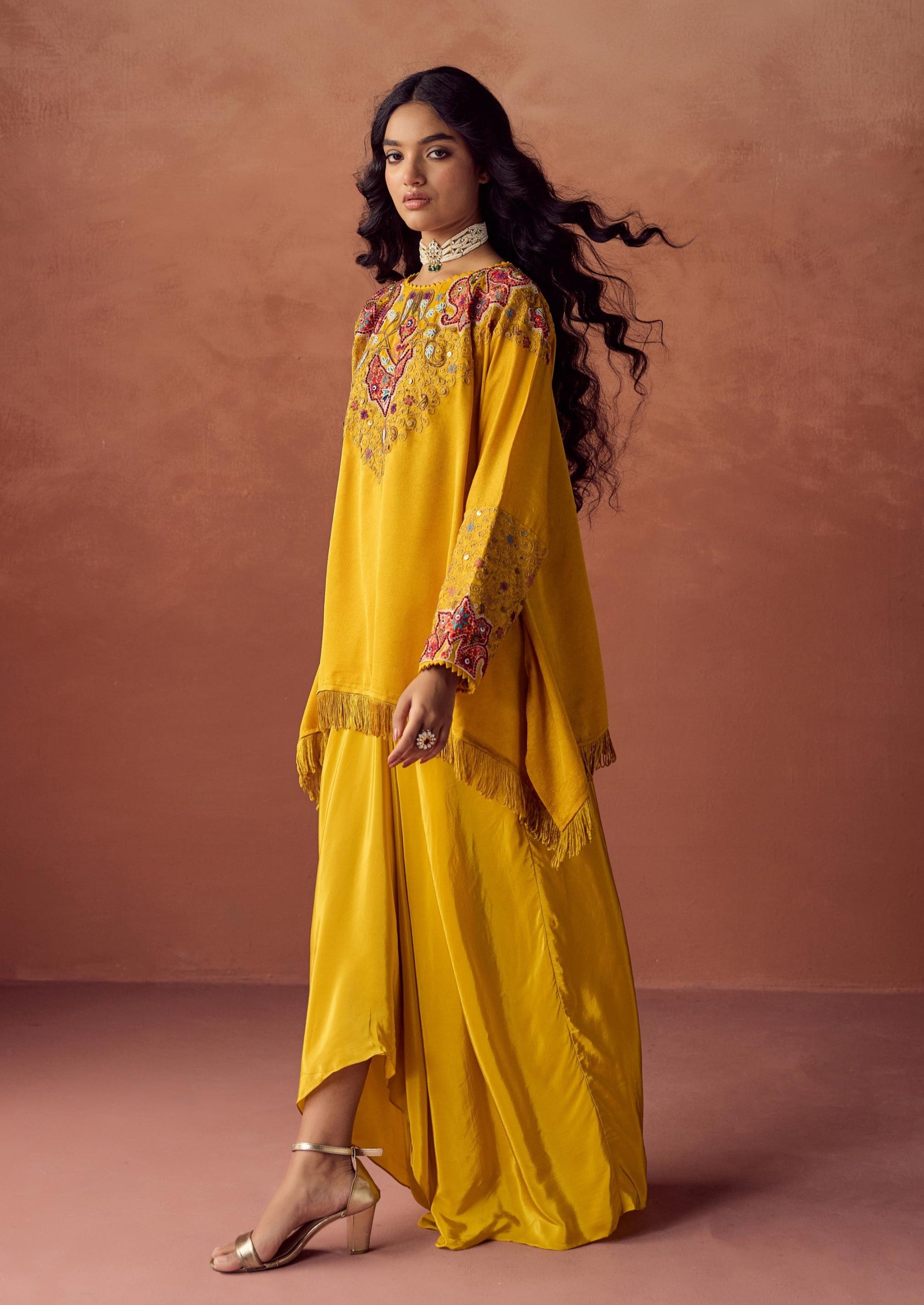 Sunlit Mustard Embellished Satin Silk Skirt Set