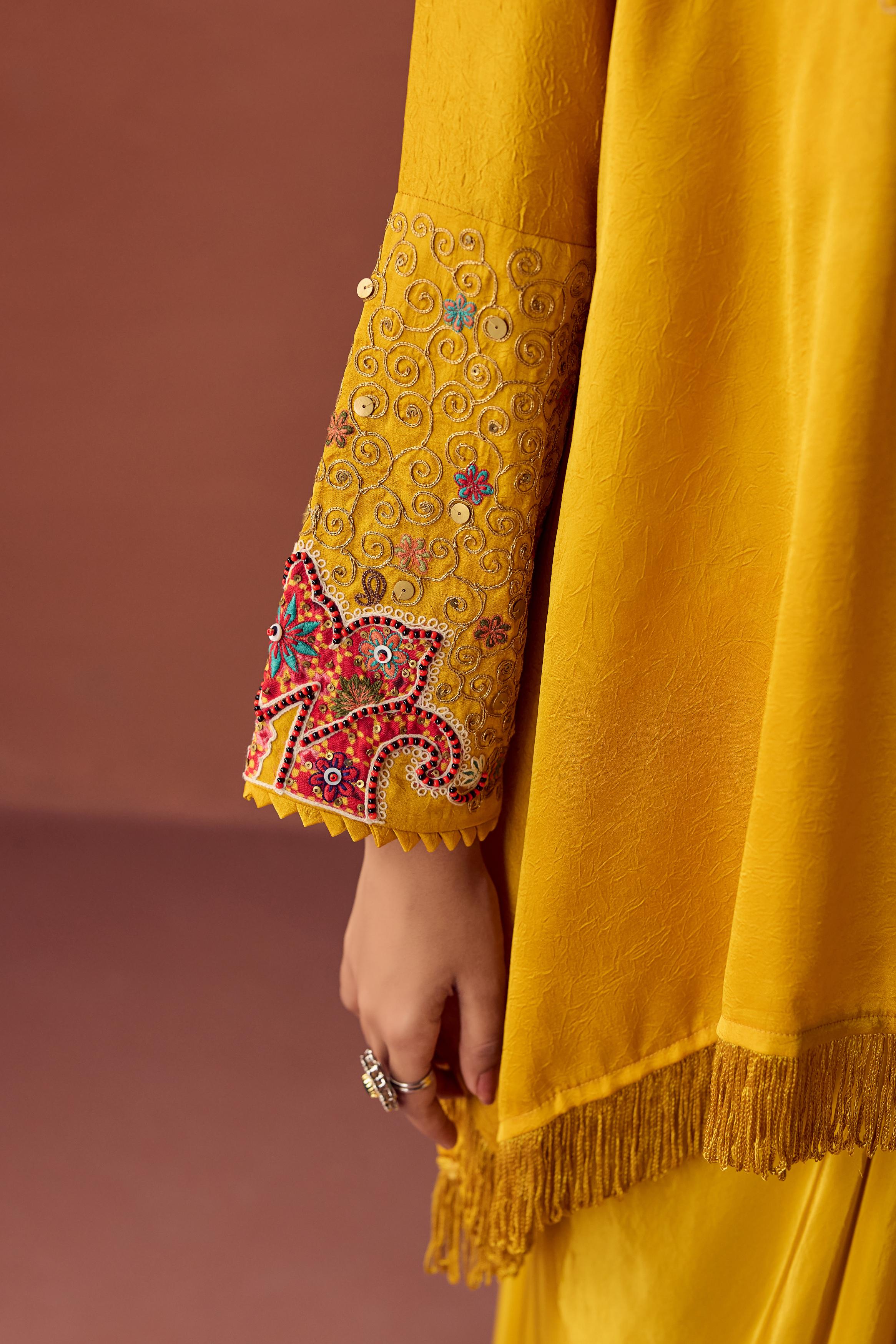 Sunlit Mustard Embellished Satin Silk Skirt Set