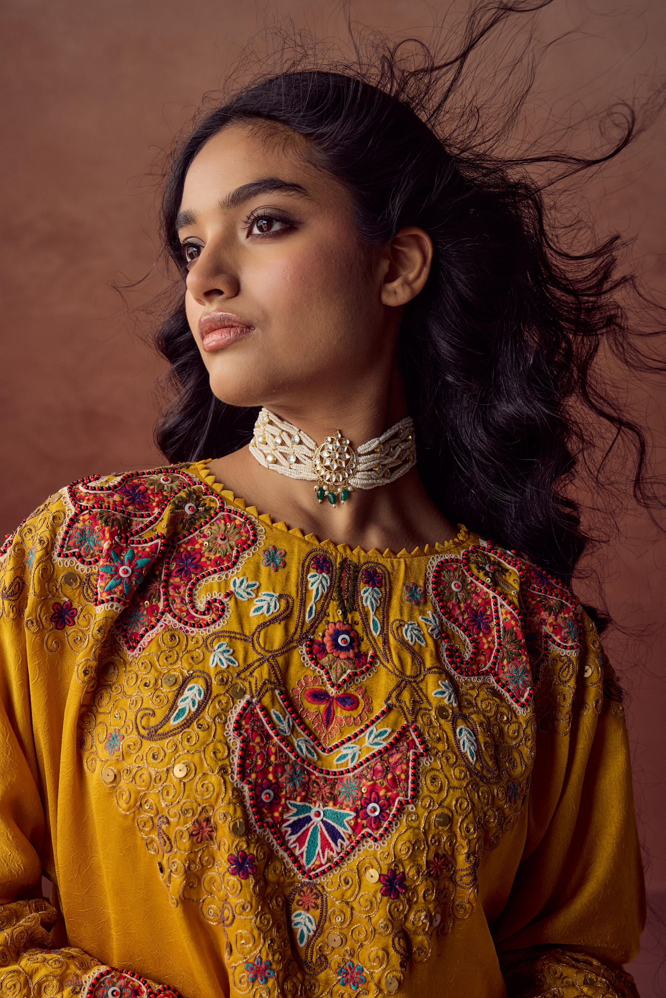 Sunlit Mustard Embellished Satin Silk Skirt Set