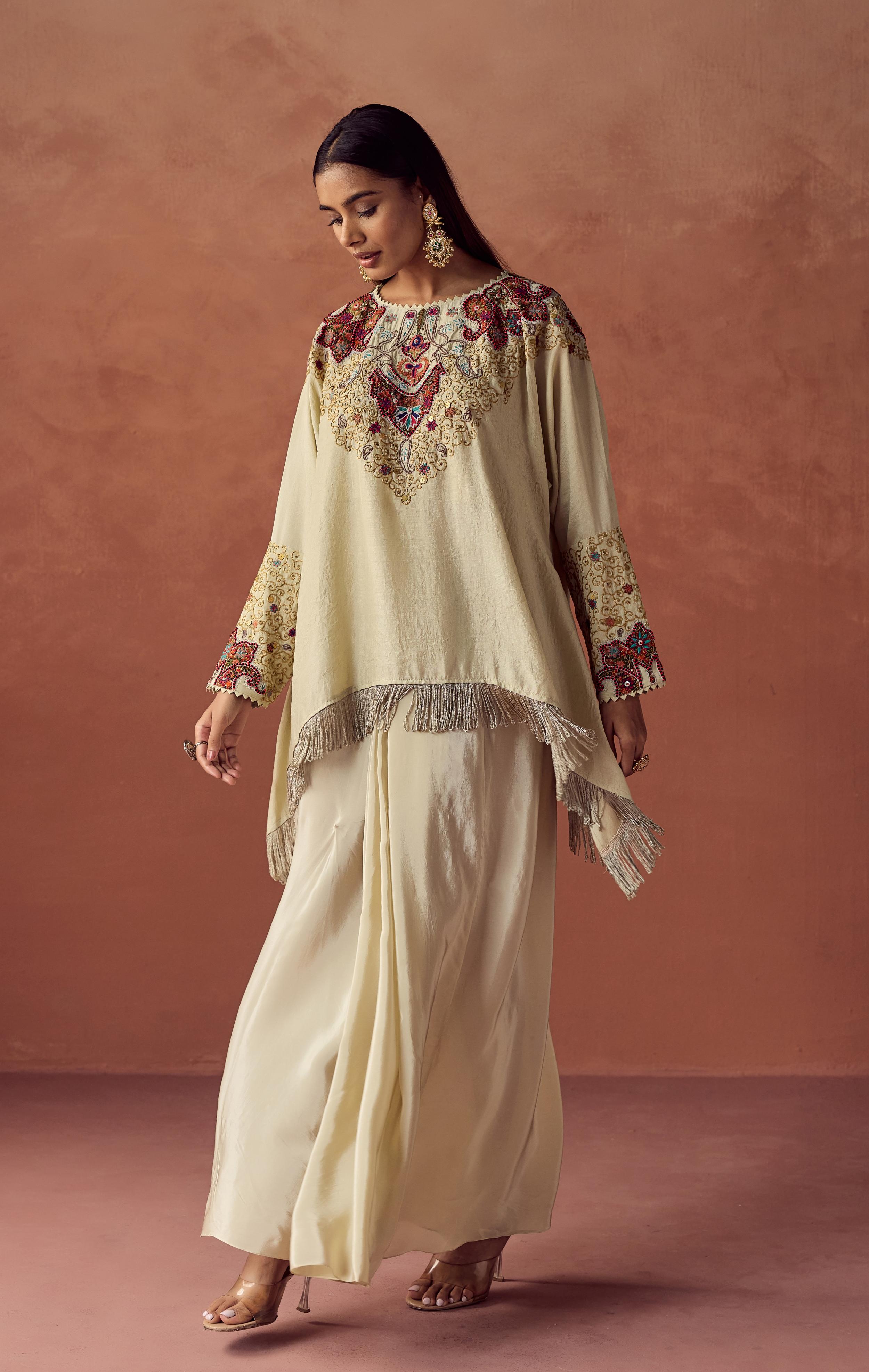 Champagne Cream Embellished Satin Silk Skirt Set