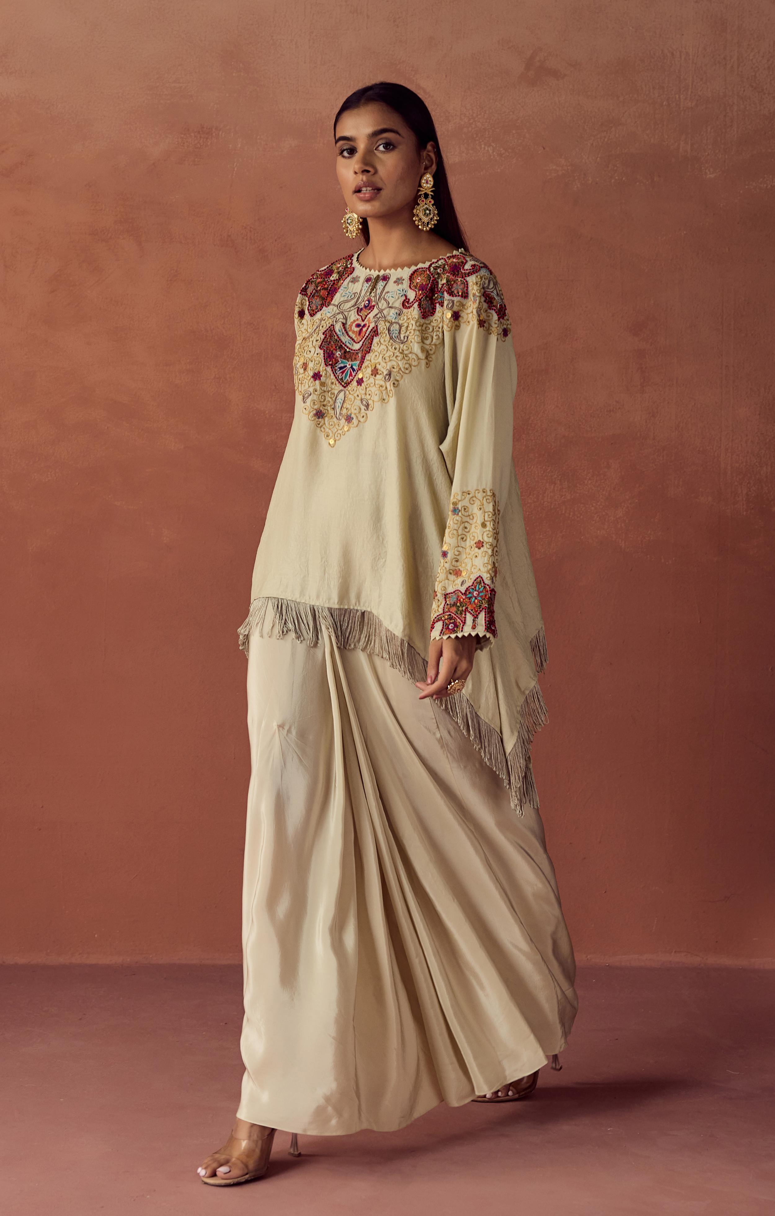 Champagne Cream Embellished Satin Silk Skirt Set