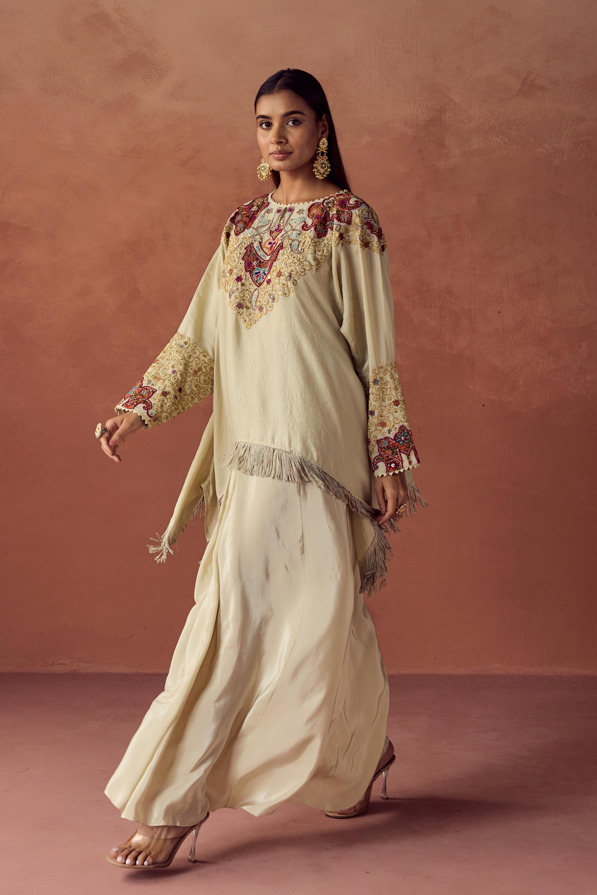 Champagne Cream Embellished Satin Silk Skirt Set