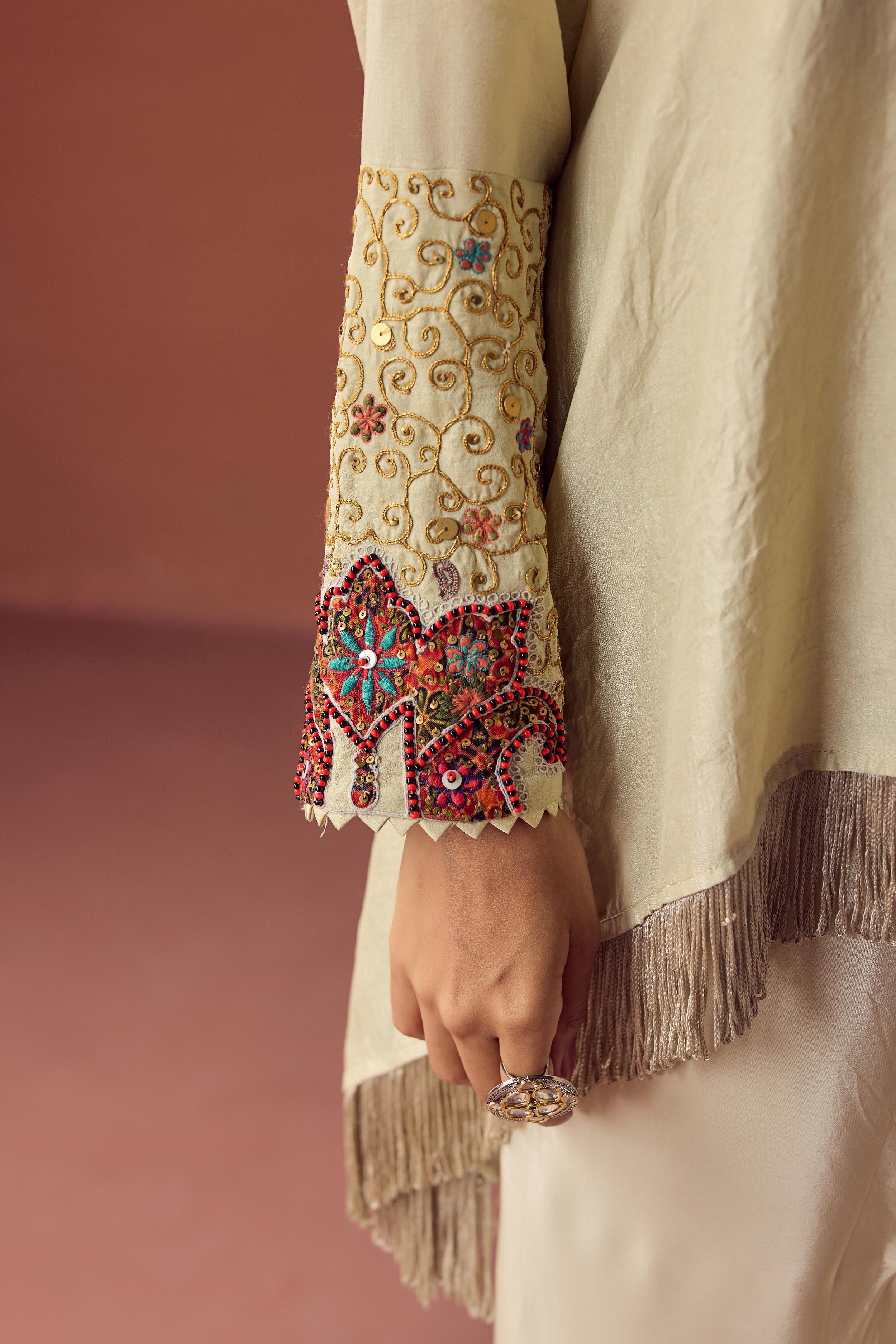 Champagne Cream Embellished Satin Silk Skirt Set