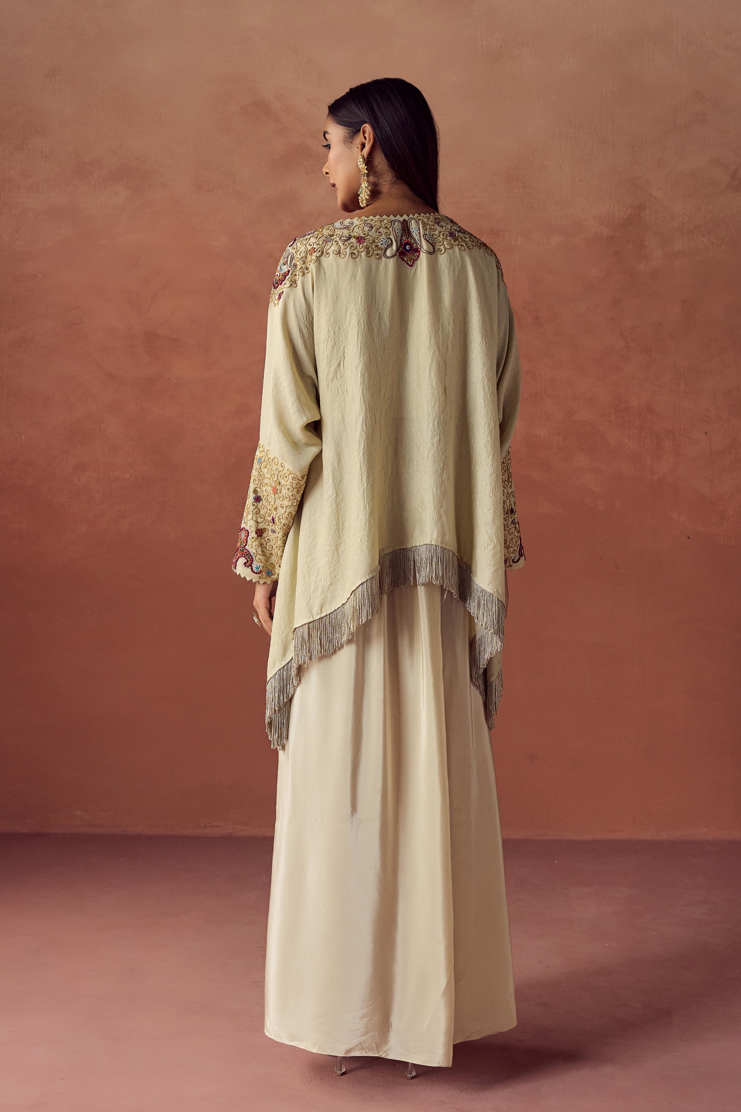 Champagne Cream Embellished Satin Silk Skirt Set