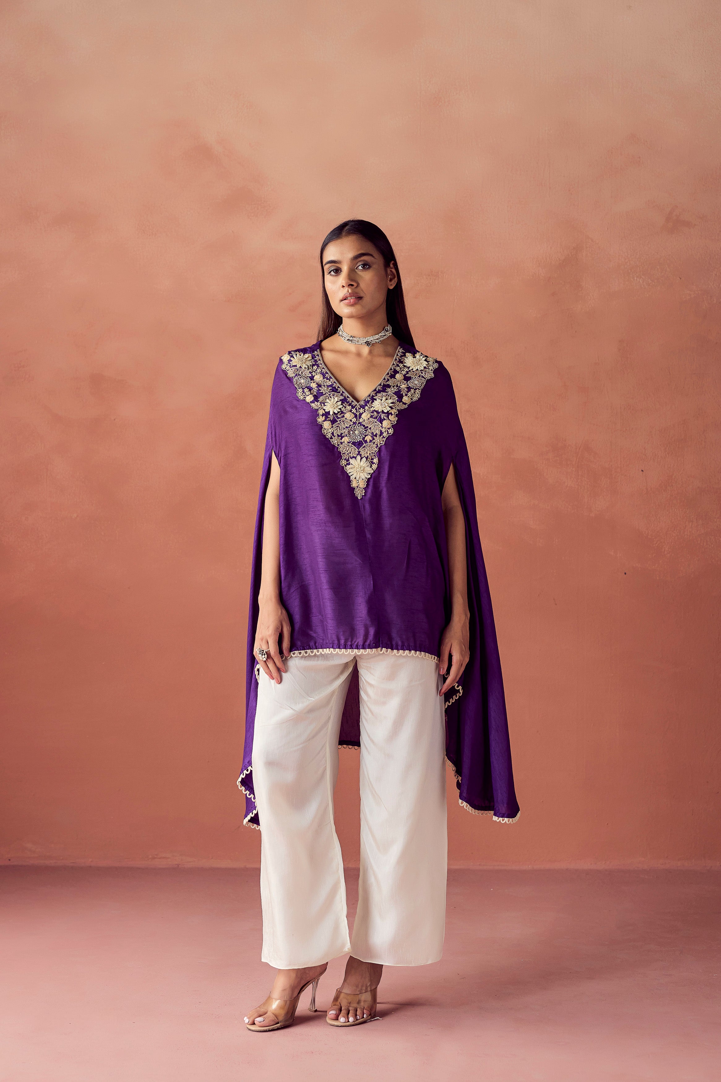 Deep Purple Embellished Raw Silk Co-Ord Set