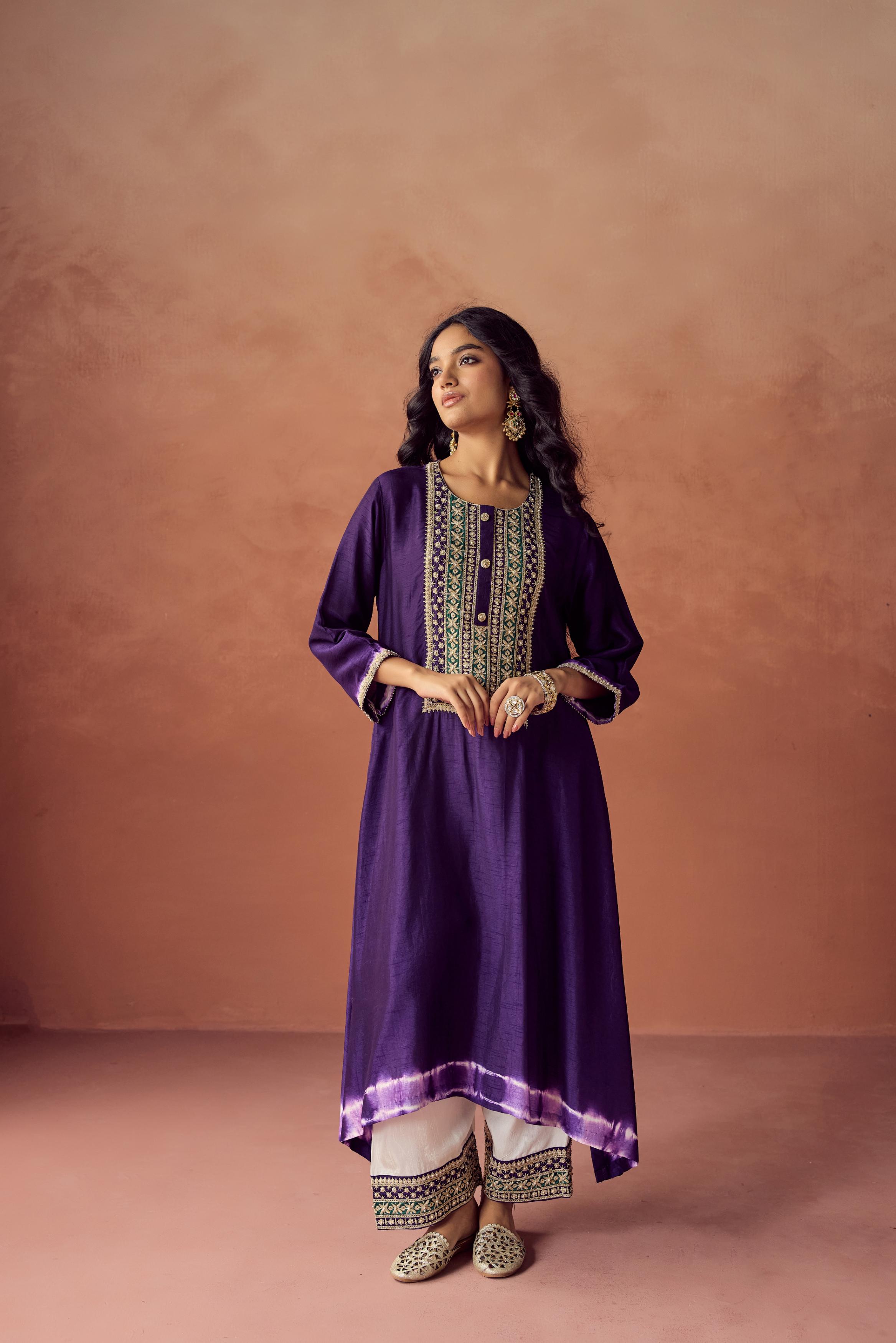 Royal Purple Embellished Raw Silk Palazzo Set