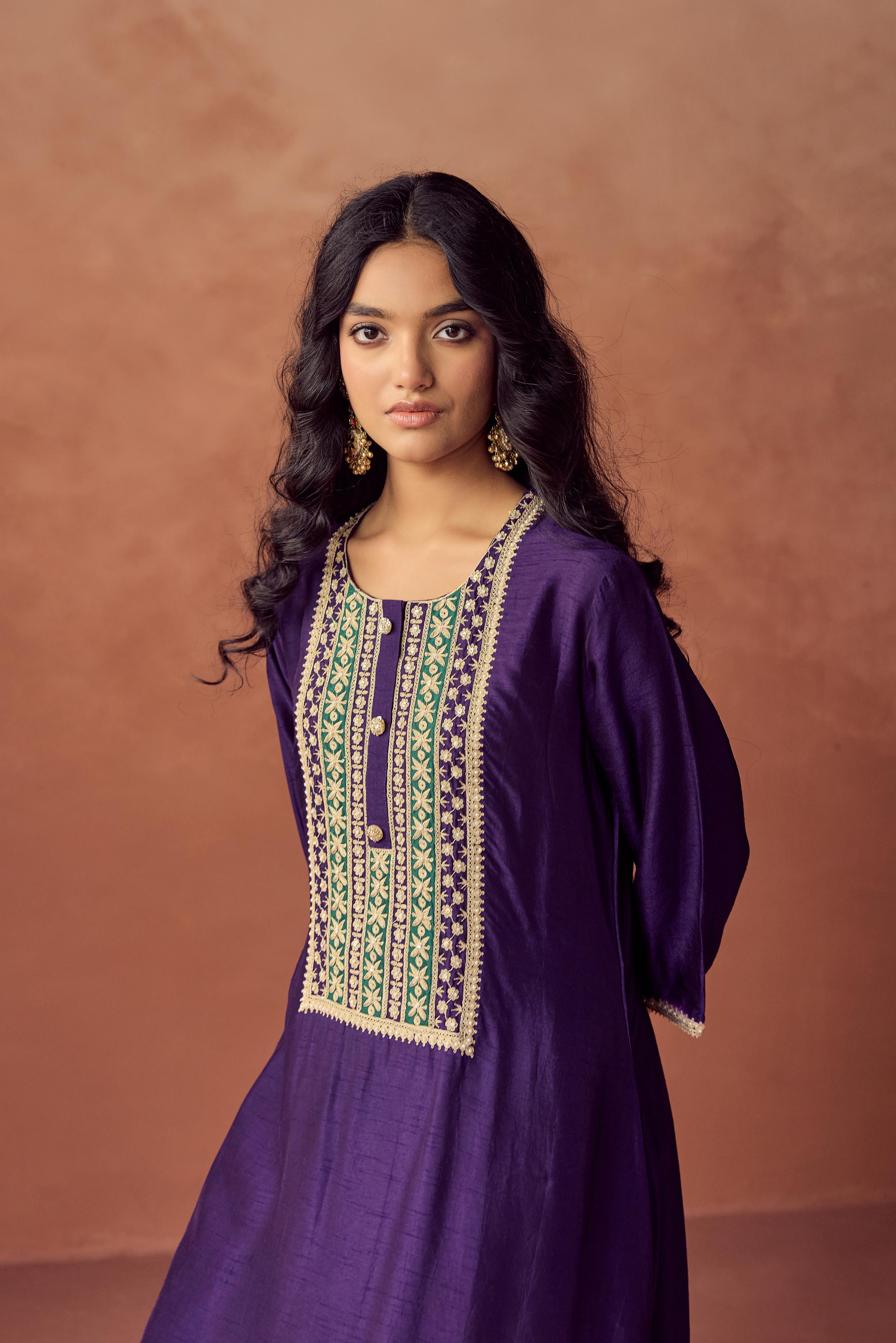 Royal Purple Embellished Raw Silk Palazzo Set