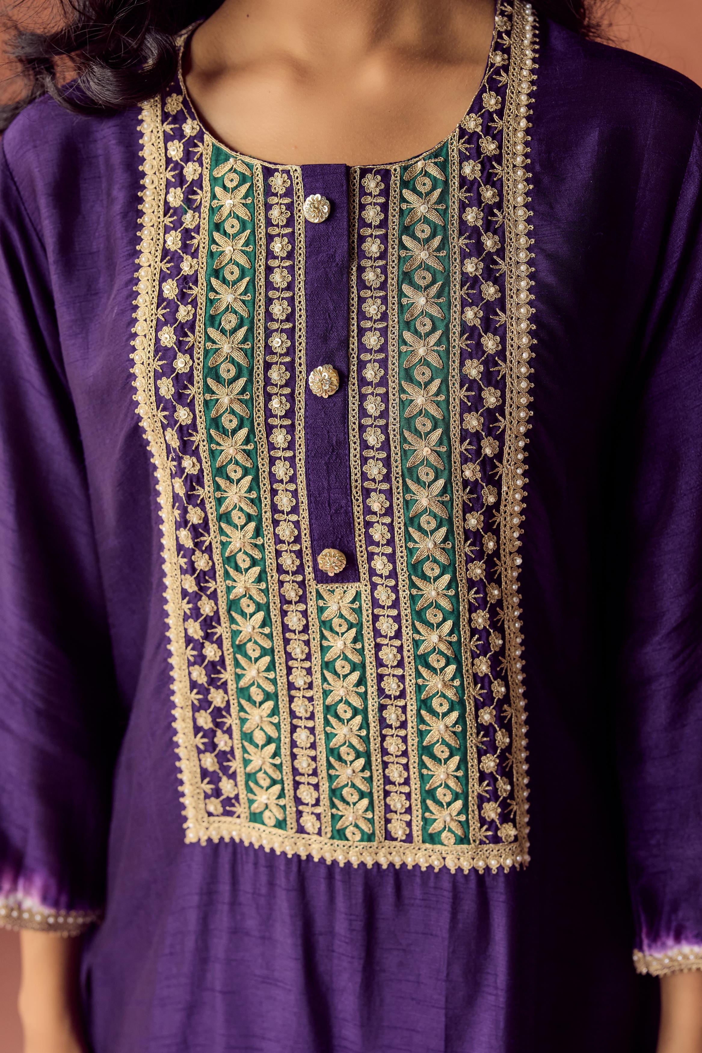 Royal Purple Embellished Raw Silk Palazzo Set