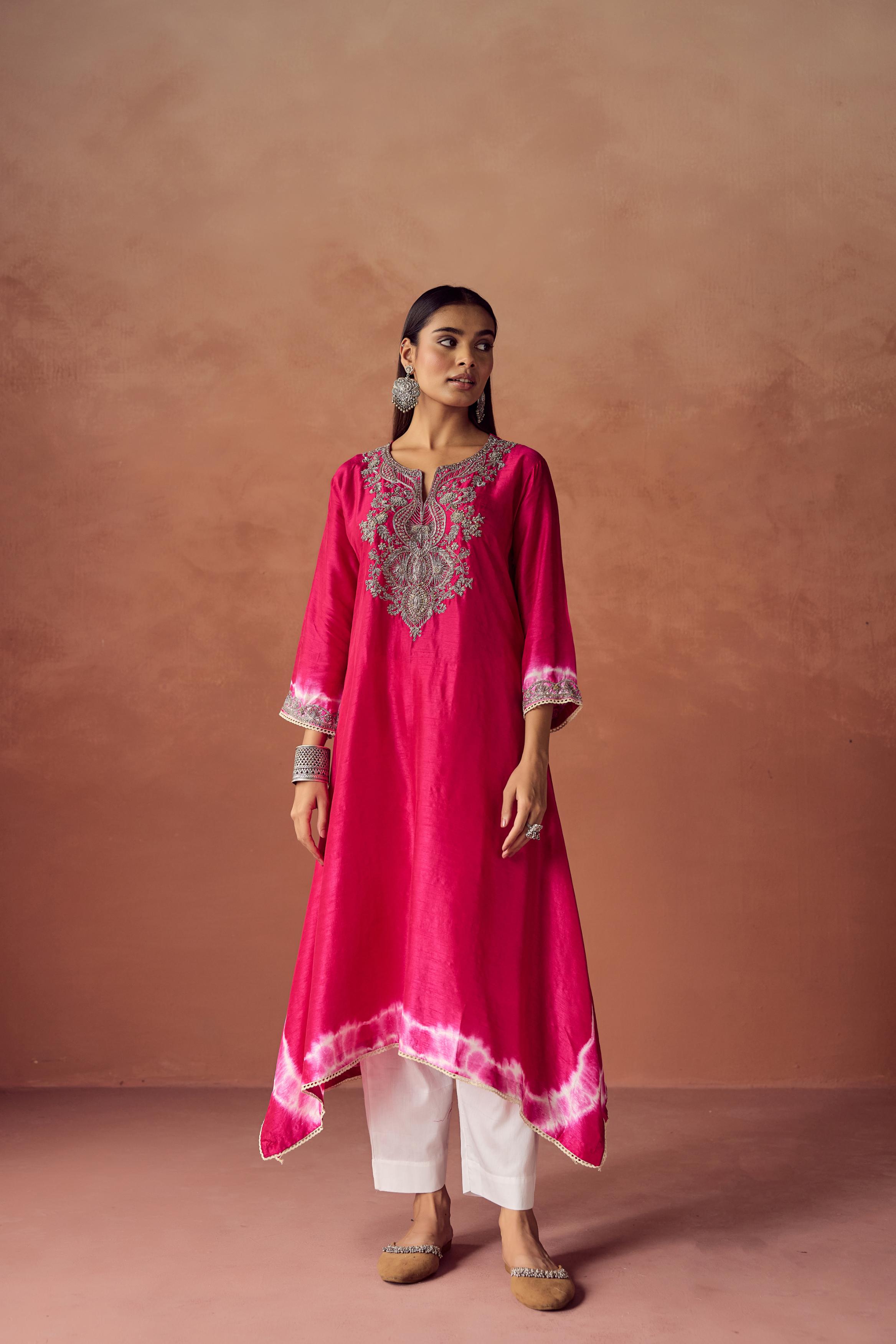 Bright Pink Embellished Raw Silk Kurta Set