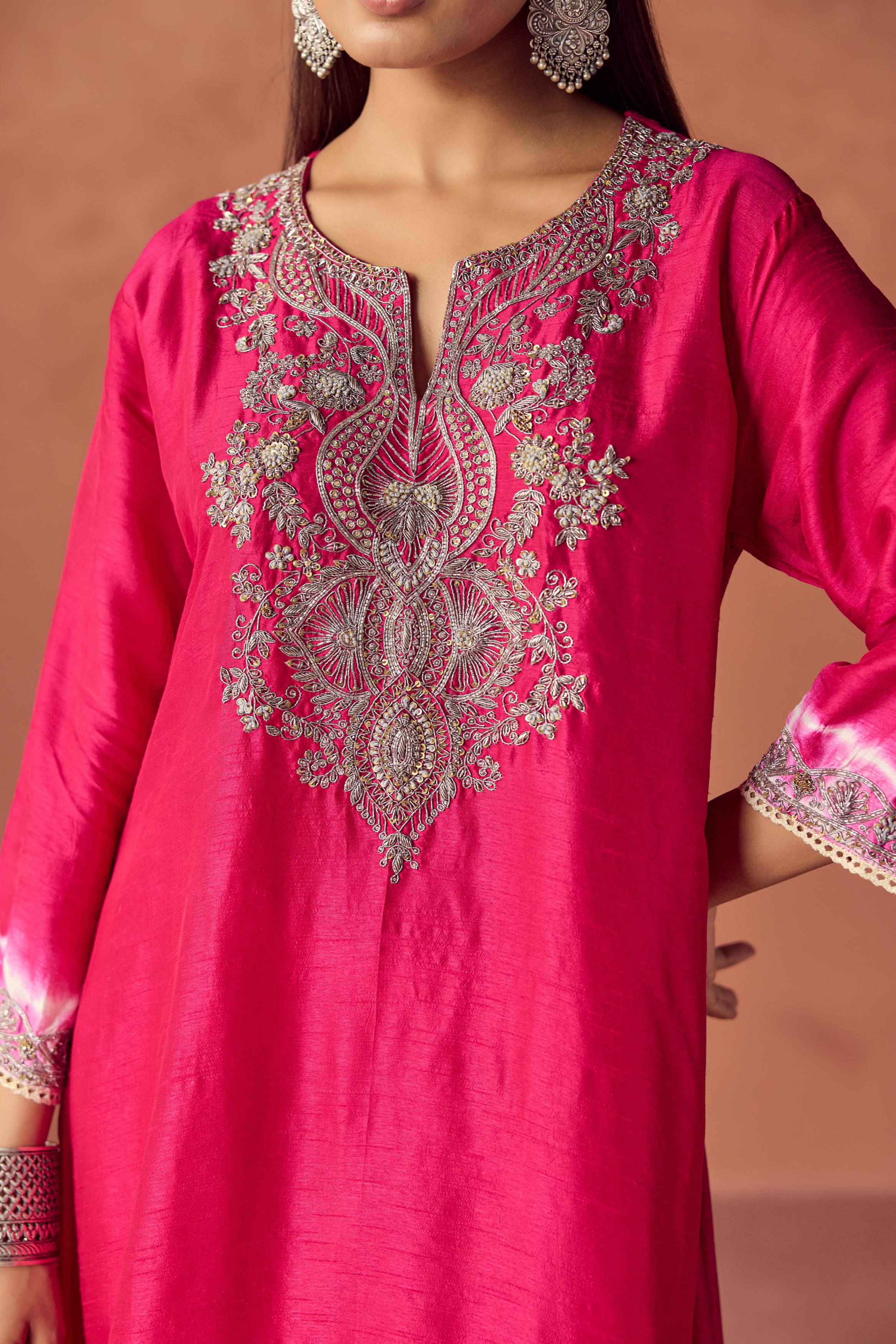 Bright Pink Embellished Raw Silk Kurta Set