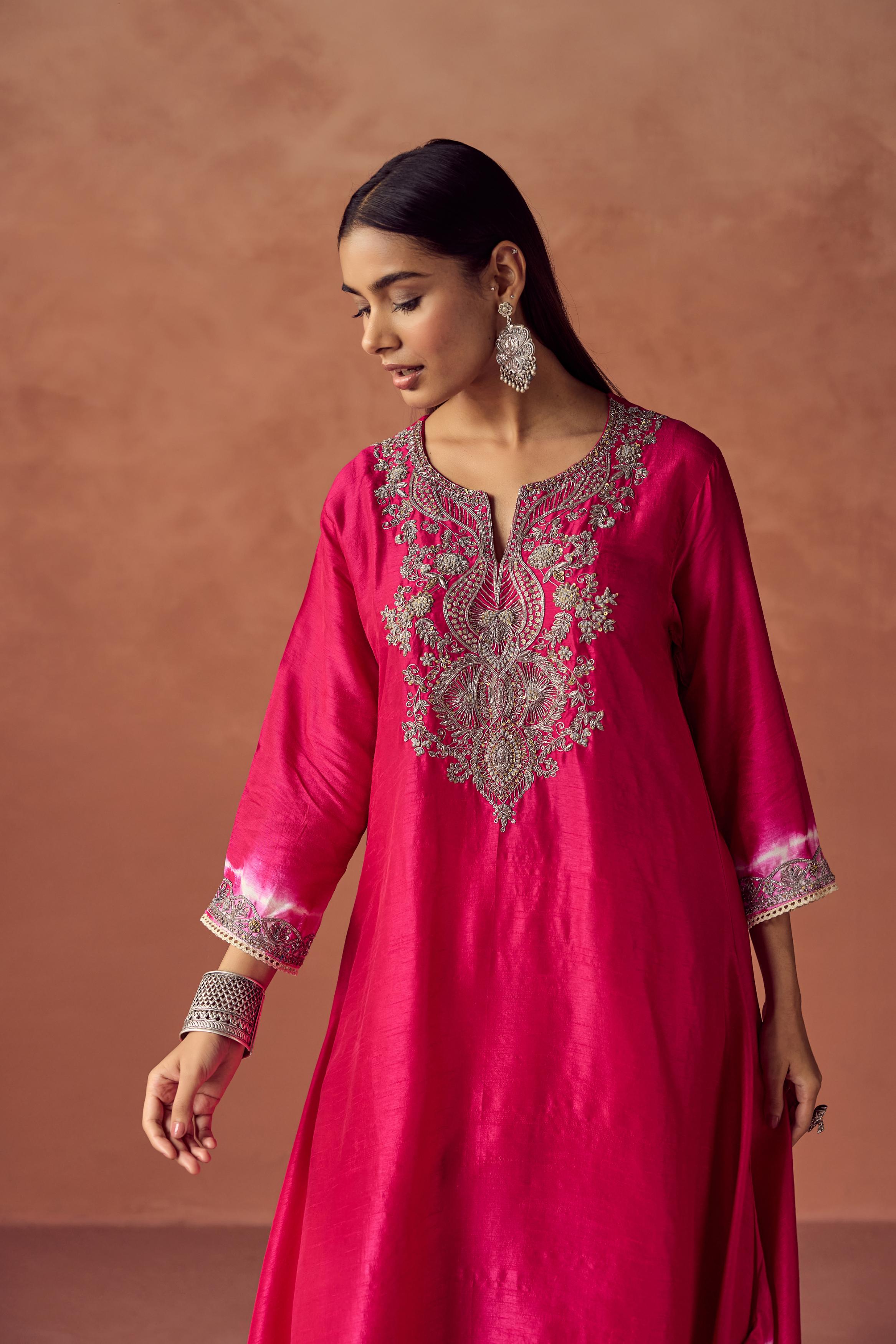 Bright Pink Embellished Raw Silk Kurta Set