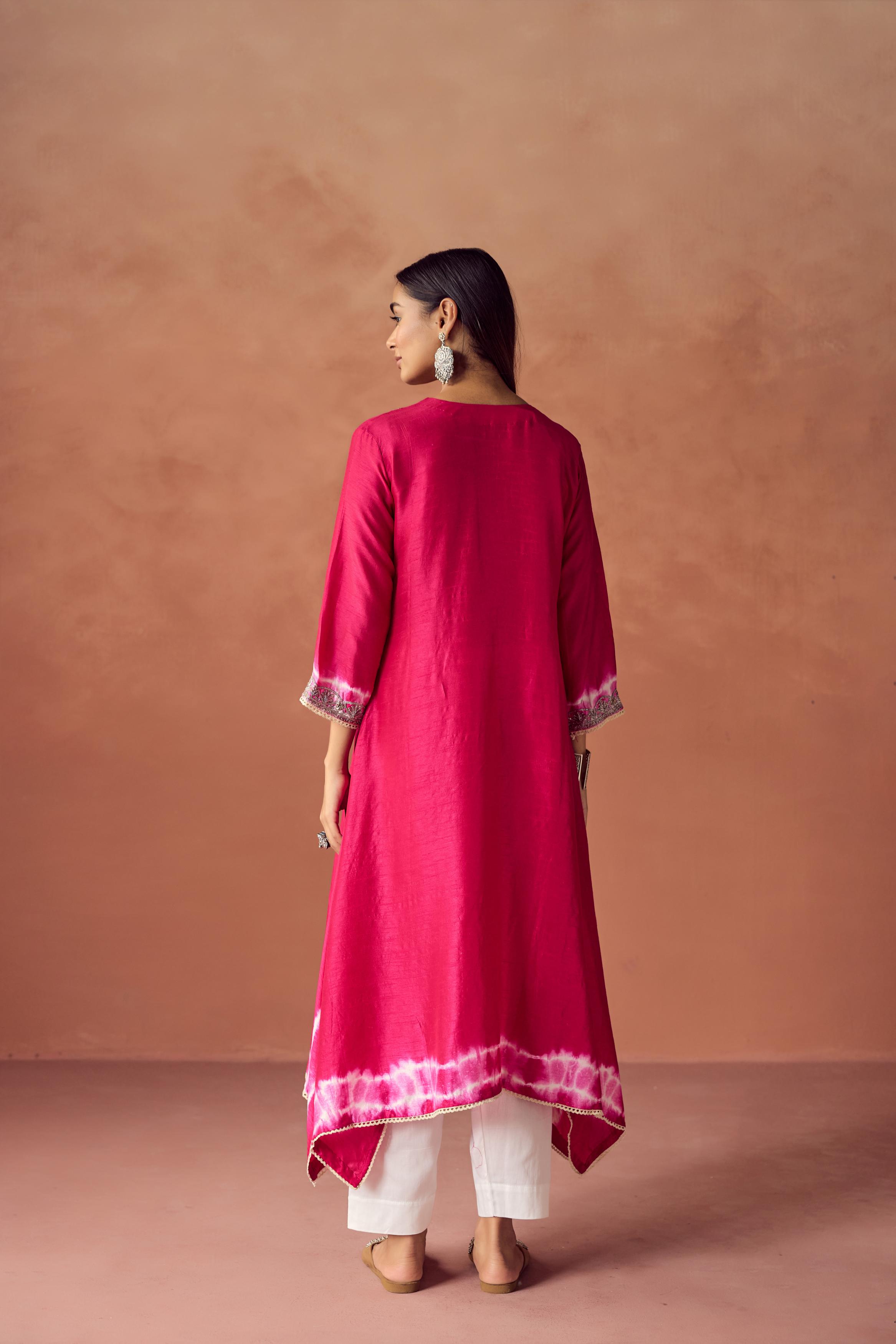 Bright Pink Embellished Raw Silk Kurta Set