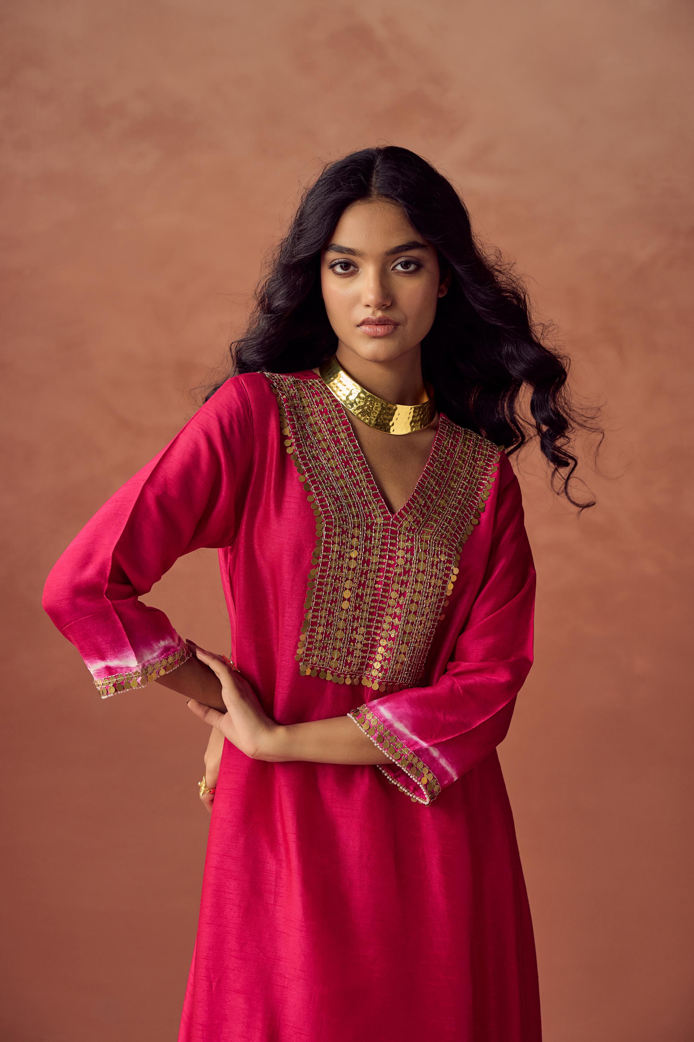 Berry Blush Embellished Raw Silk Kurta Set