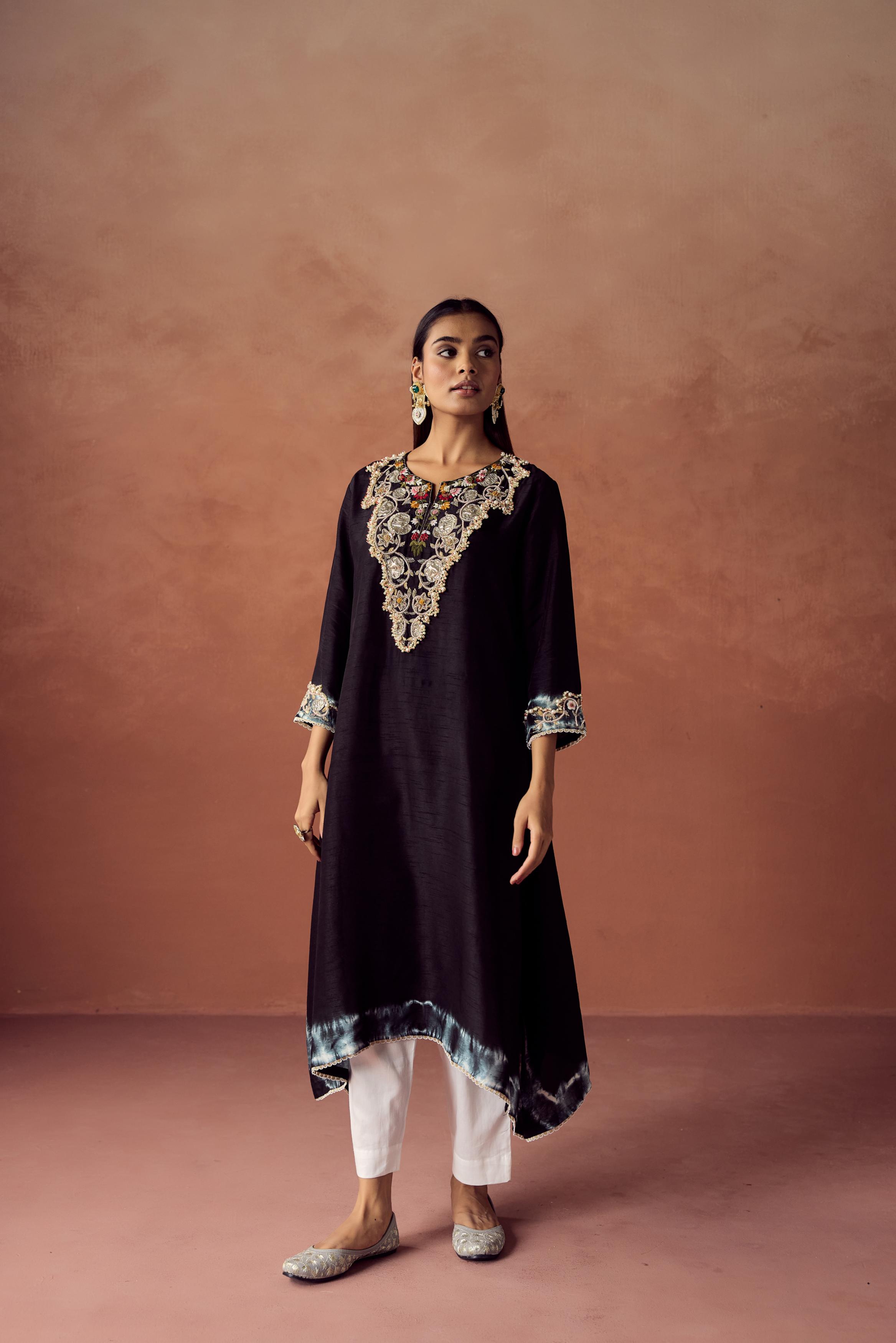 Black Embellished Raw Silk Kurta Set