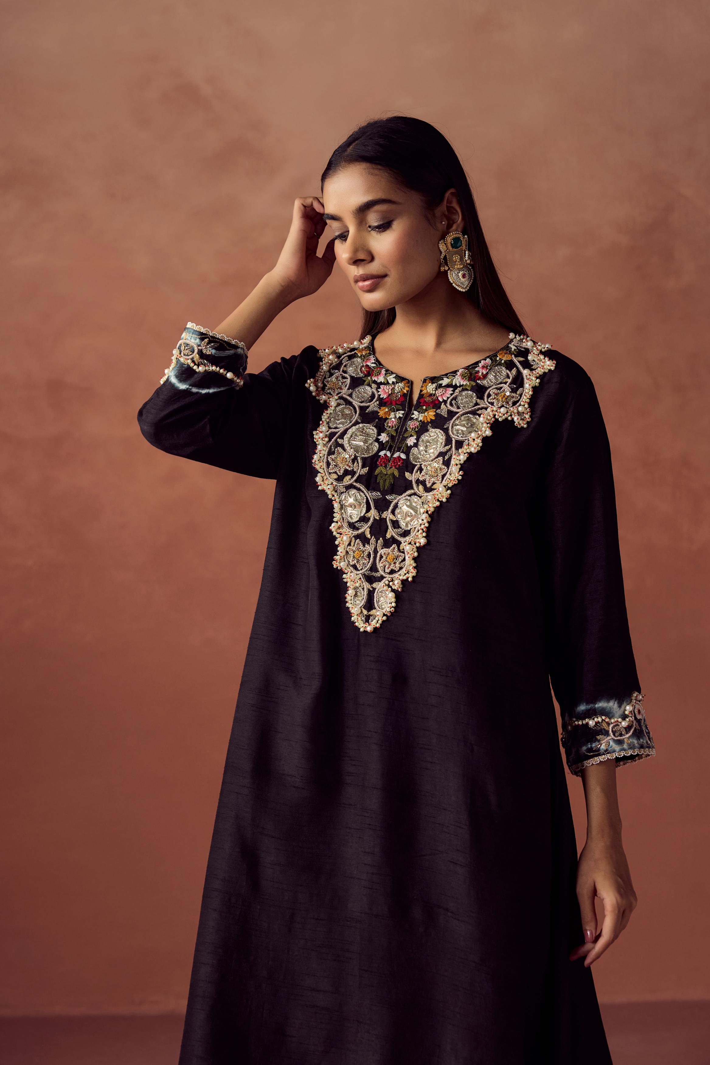 Black Embellished Raw Silk Kurta Set