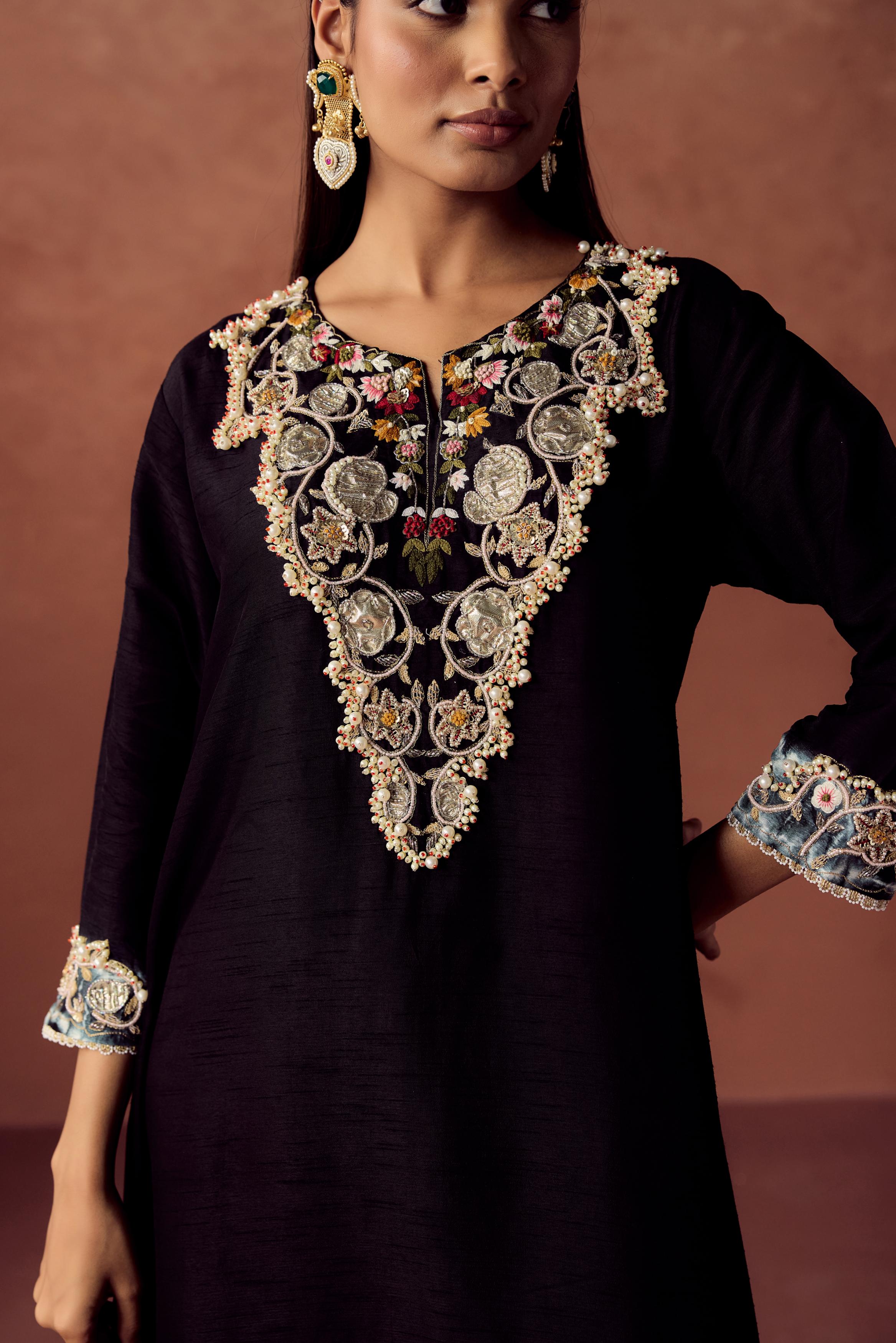 Black Embellished Raw Silk Kurta Set