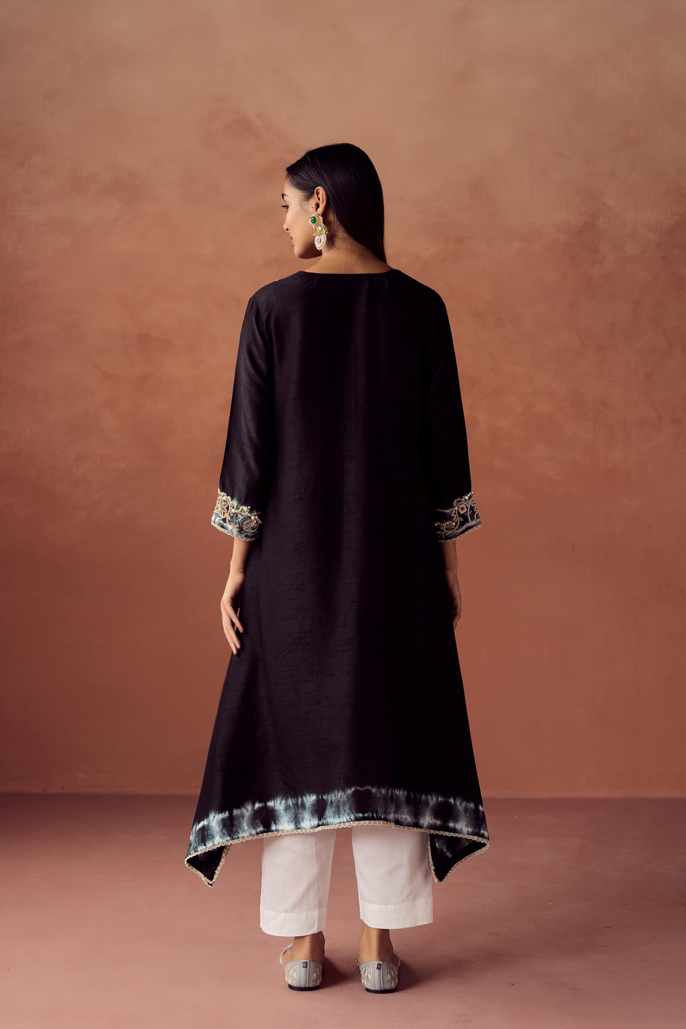 Black Embellished Raw Silk Kurta Set