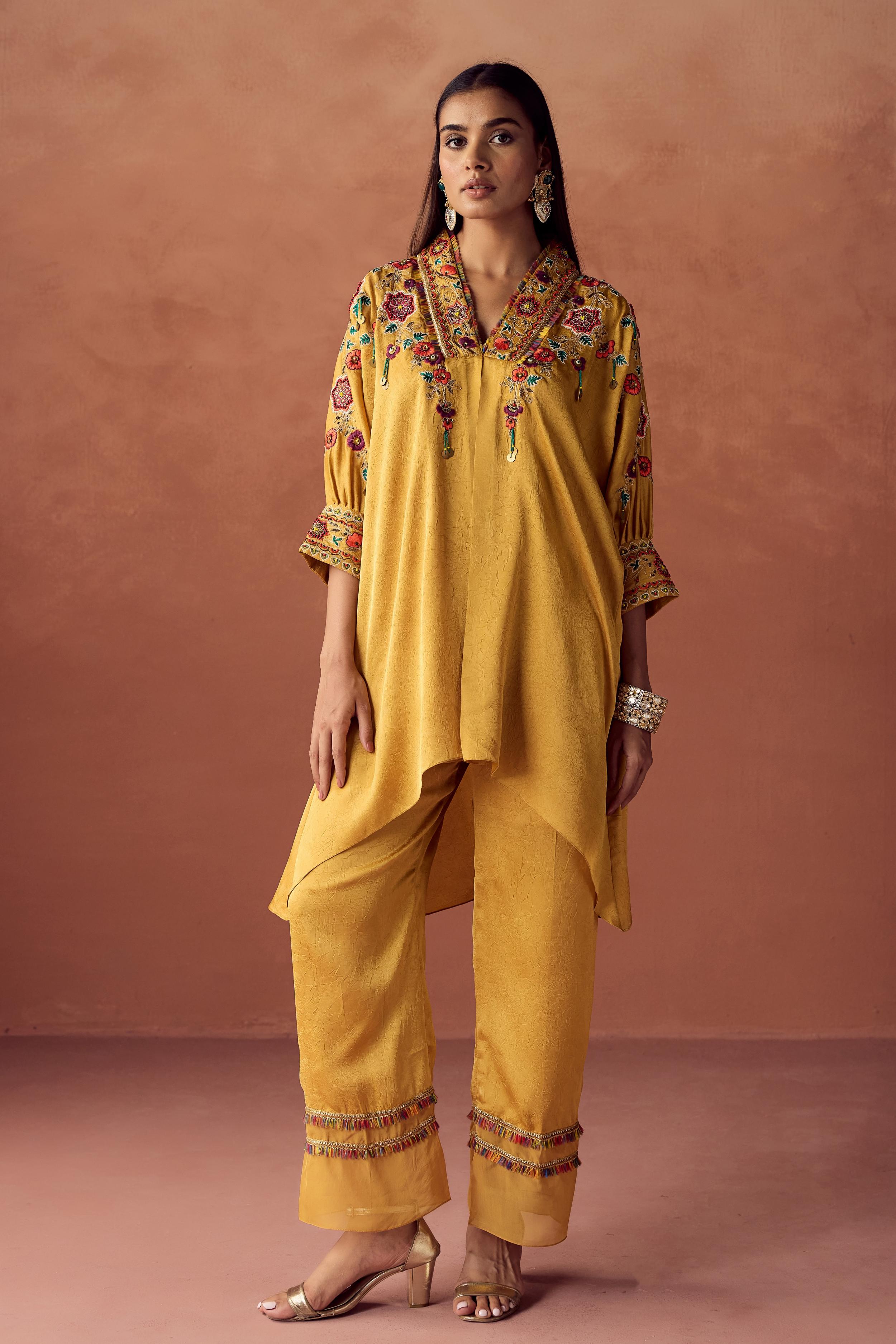 Golden Yellow Embroidered Crushed Silk Palazzo Set