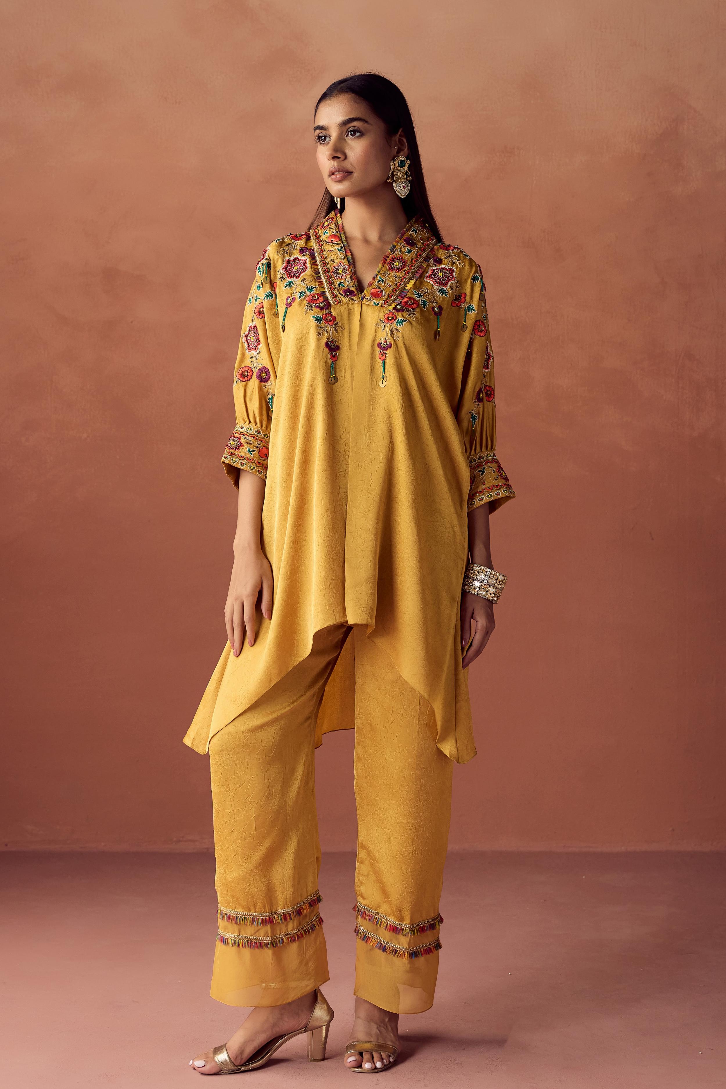 Golden Yellow Embroidered Crushed Silk Palazzo Set