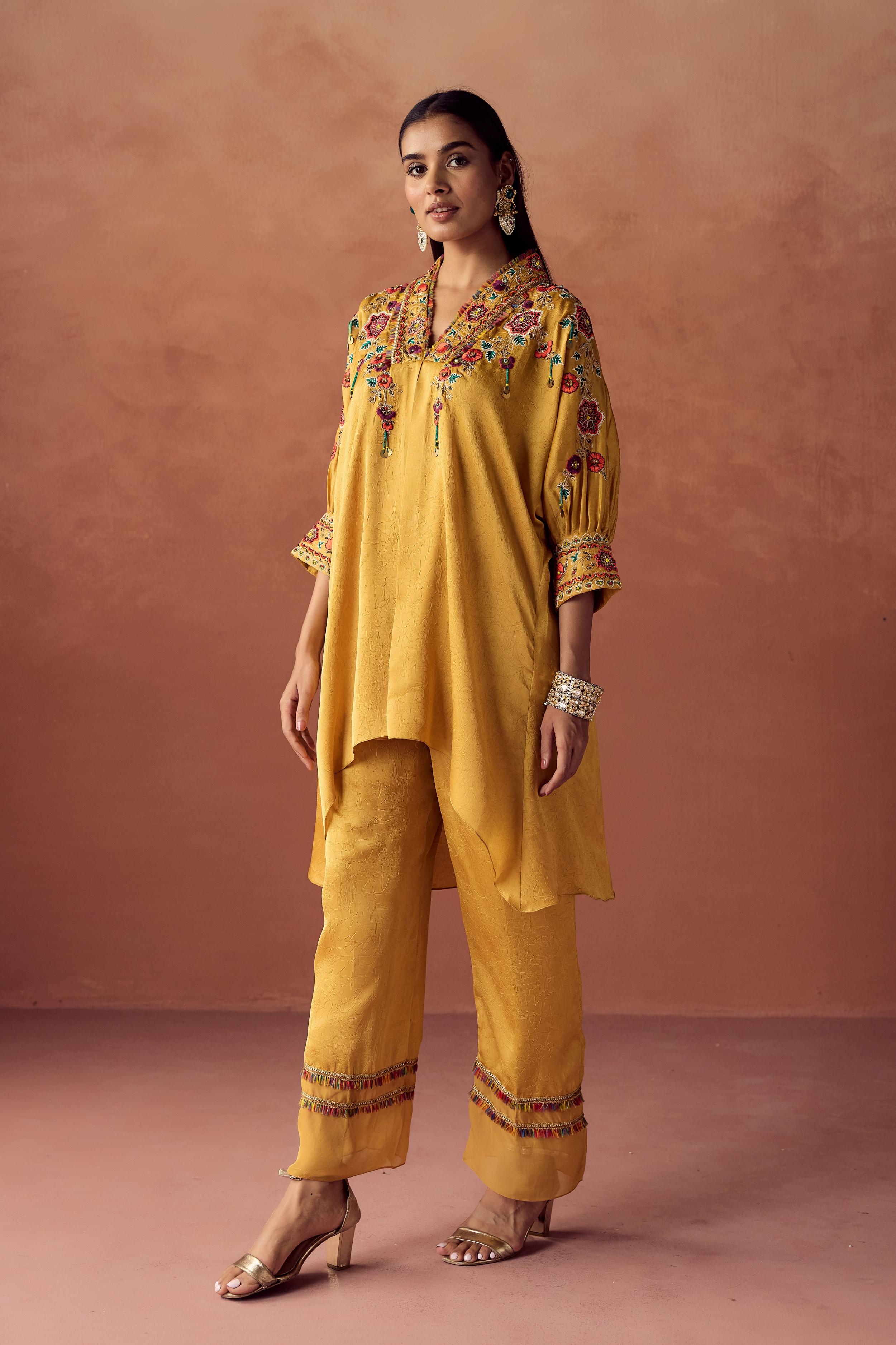Golden Yellow Embroidered Crushed Silk Palazzo Set