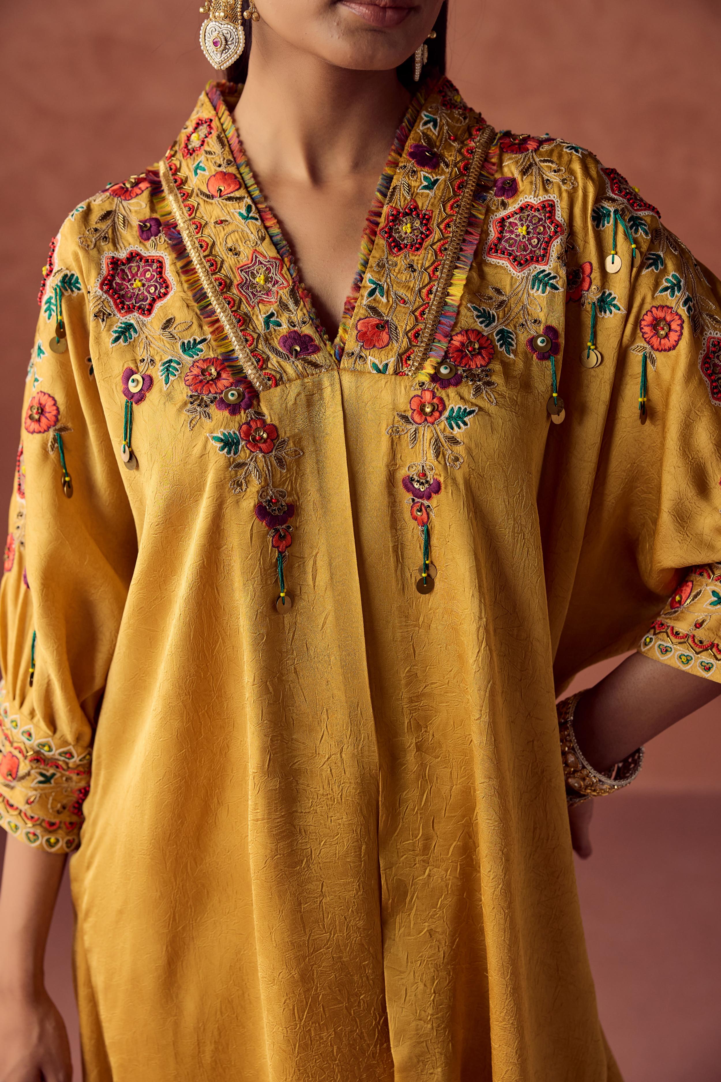 Golden Yellow Embroidered Crushed Silk Palazzo Set