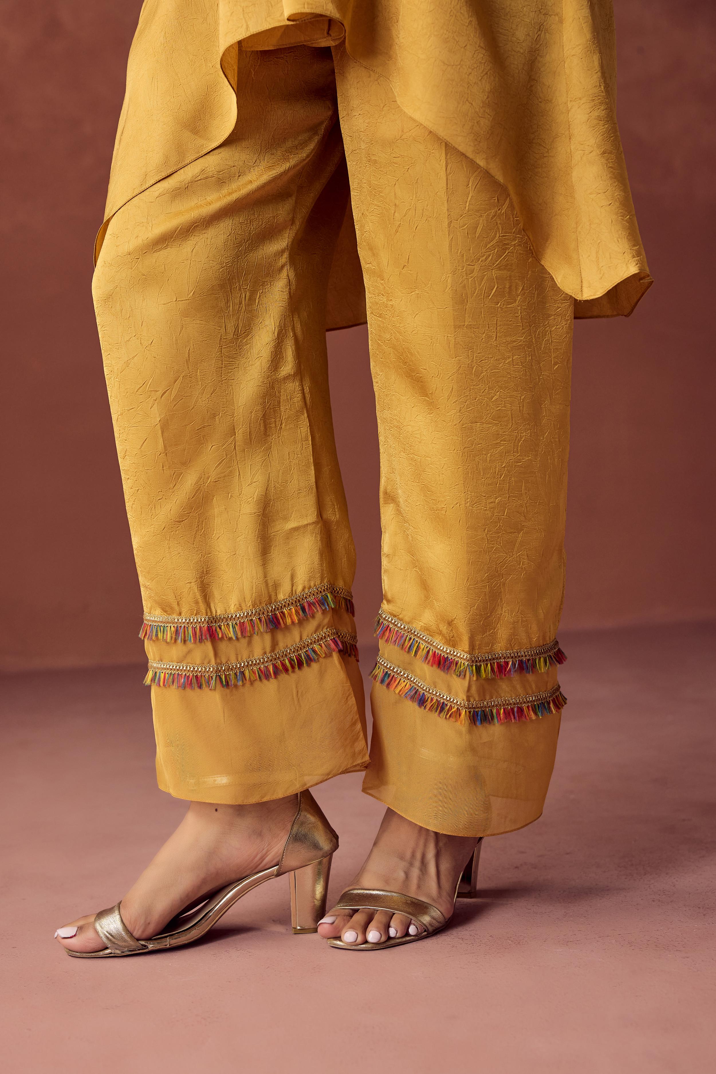 Golden Yellow Embroidered Crushed Silk Palazzo Set