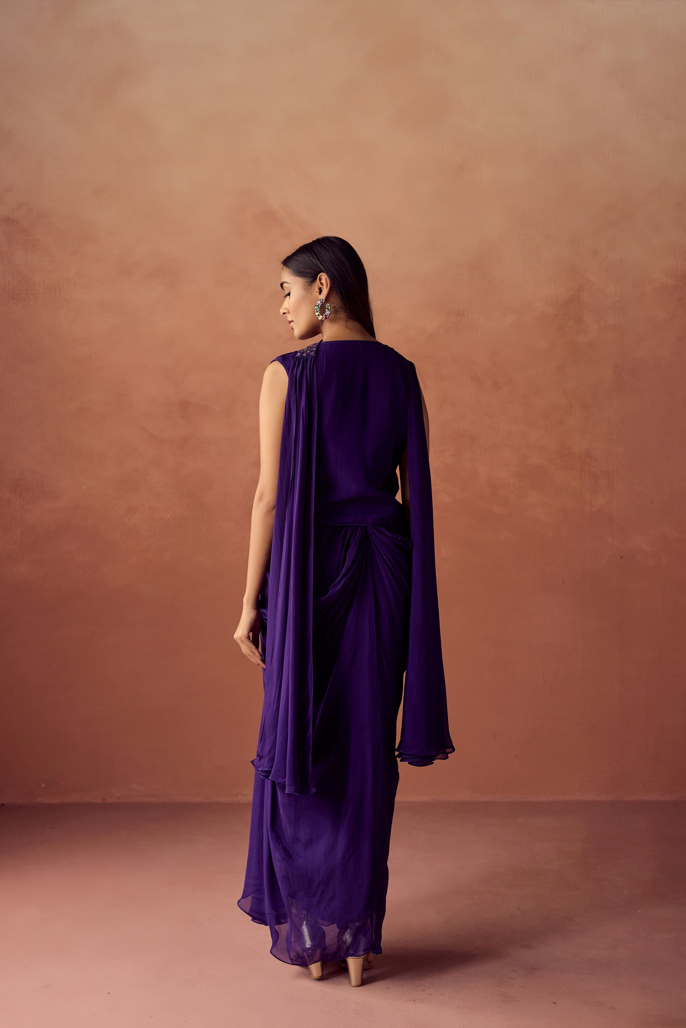 Dark Purple Embellished Organza Silk Skirt Set