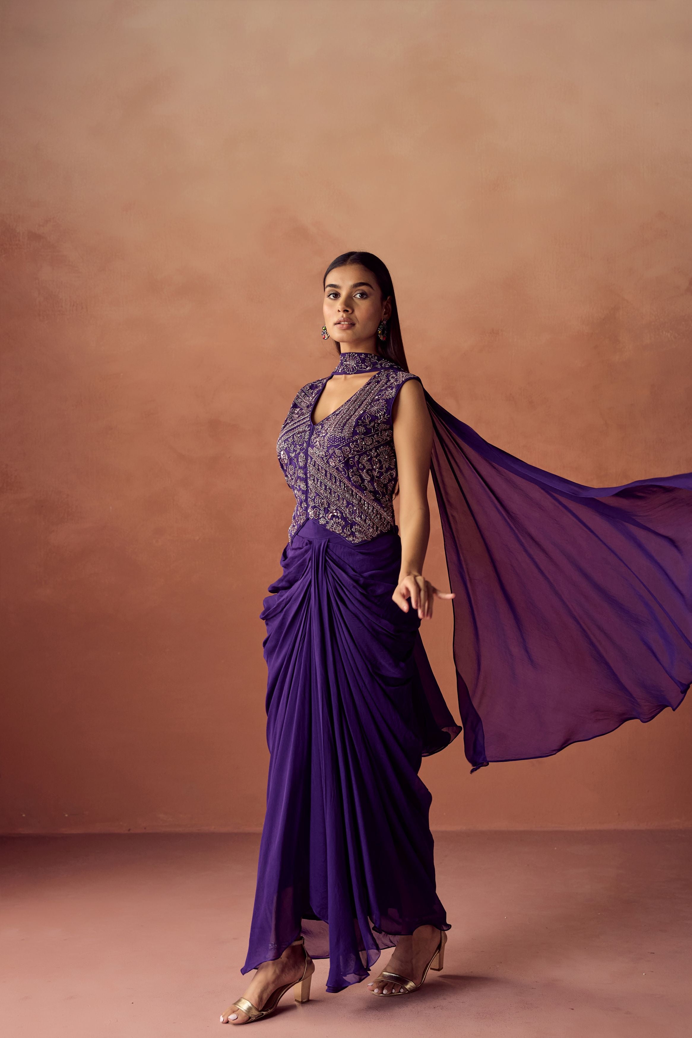 Dark Purple Embellished Organza Silk Skirt Set