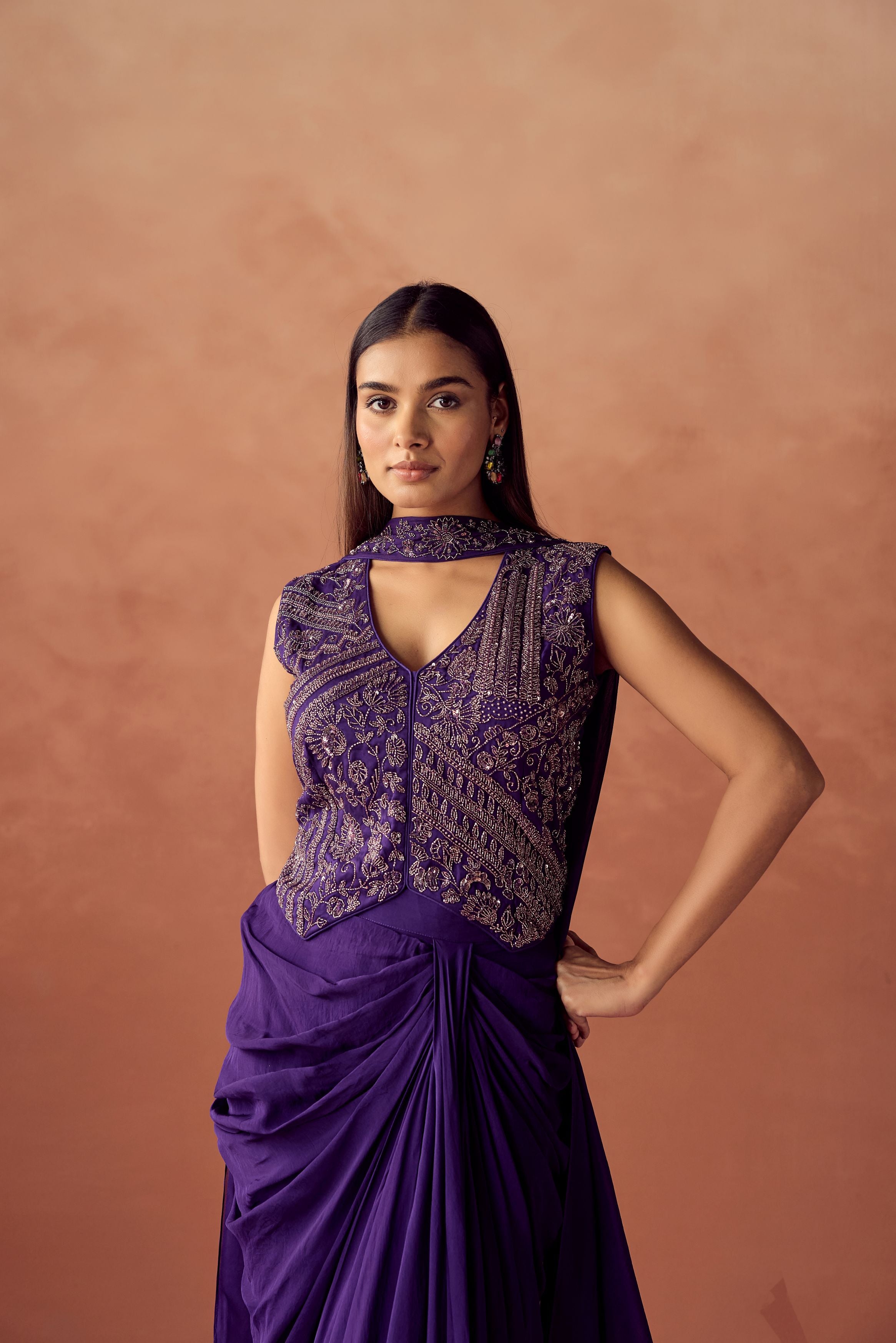 Dark Purple Embellished Organza Silk Skirt Set