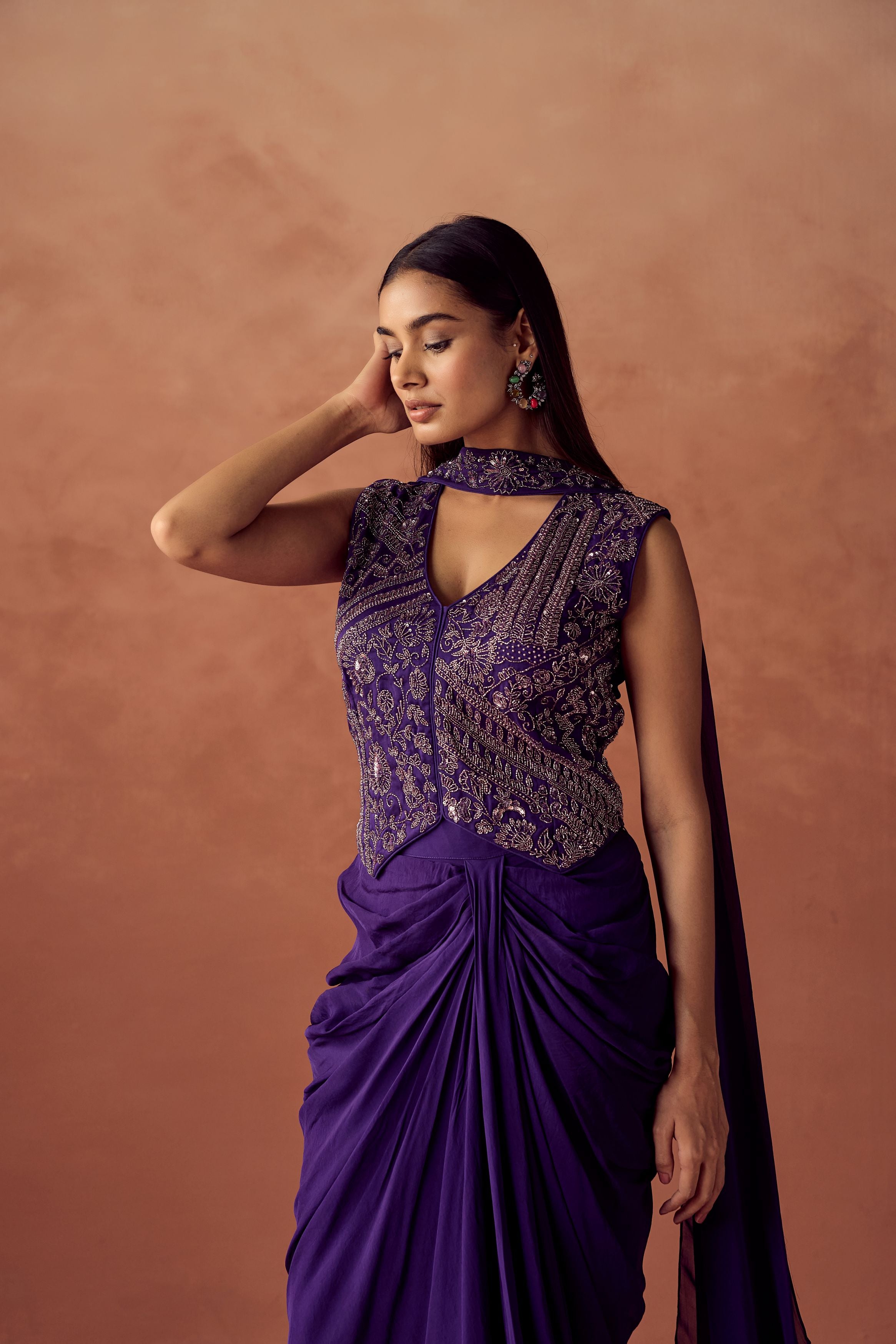 Dark Purple Embellished Organza Silk Skirt Set