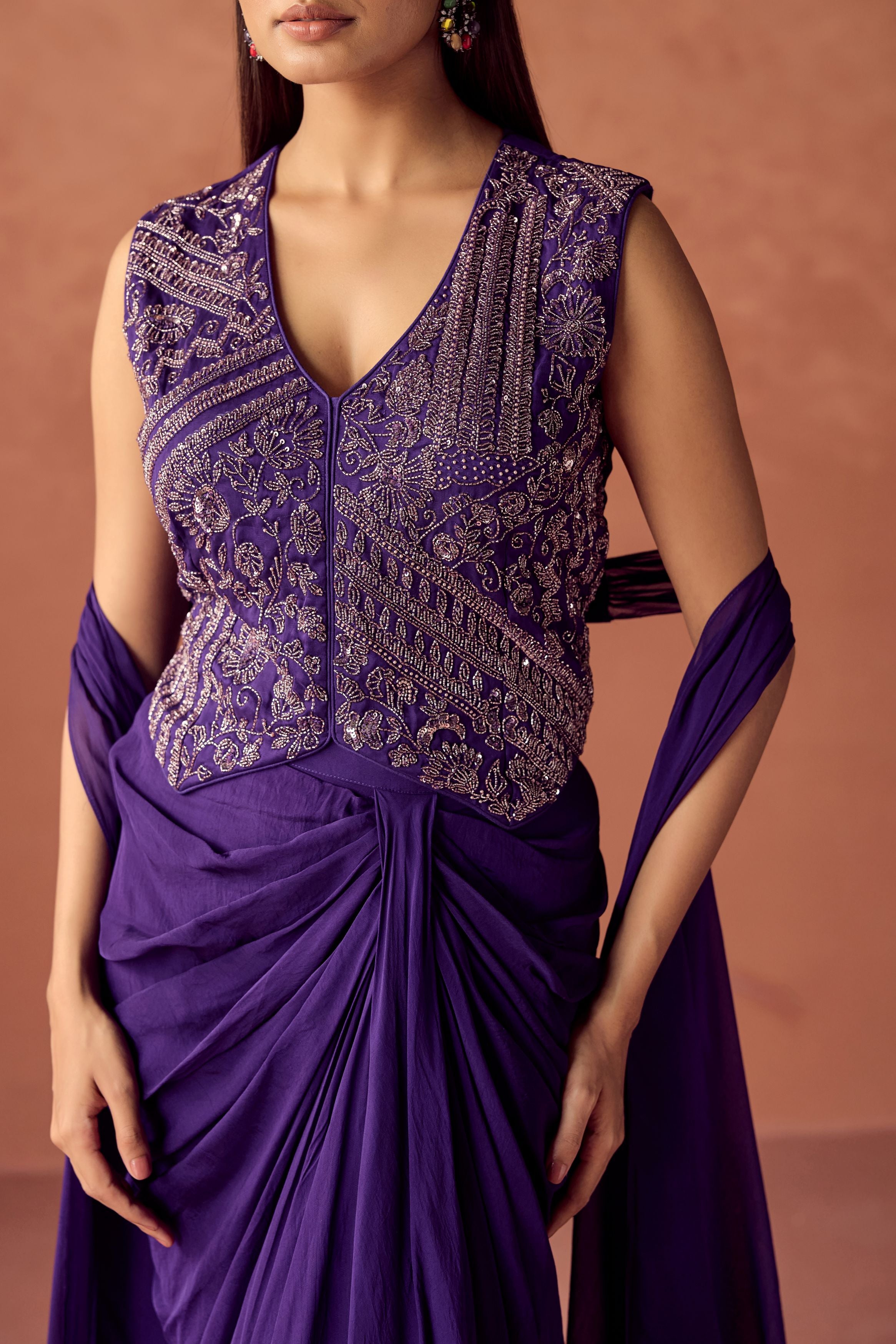 Dark Purple Embellished Organza Silk Skirt Set
