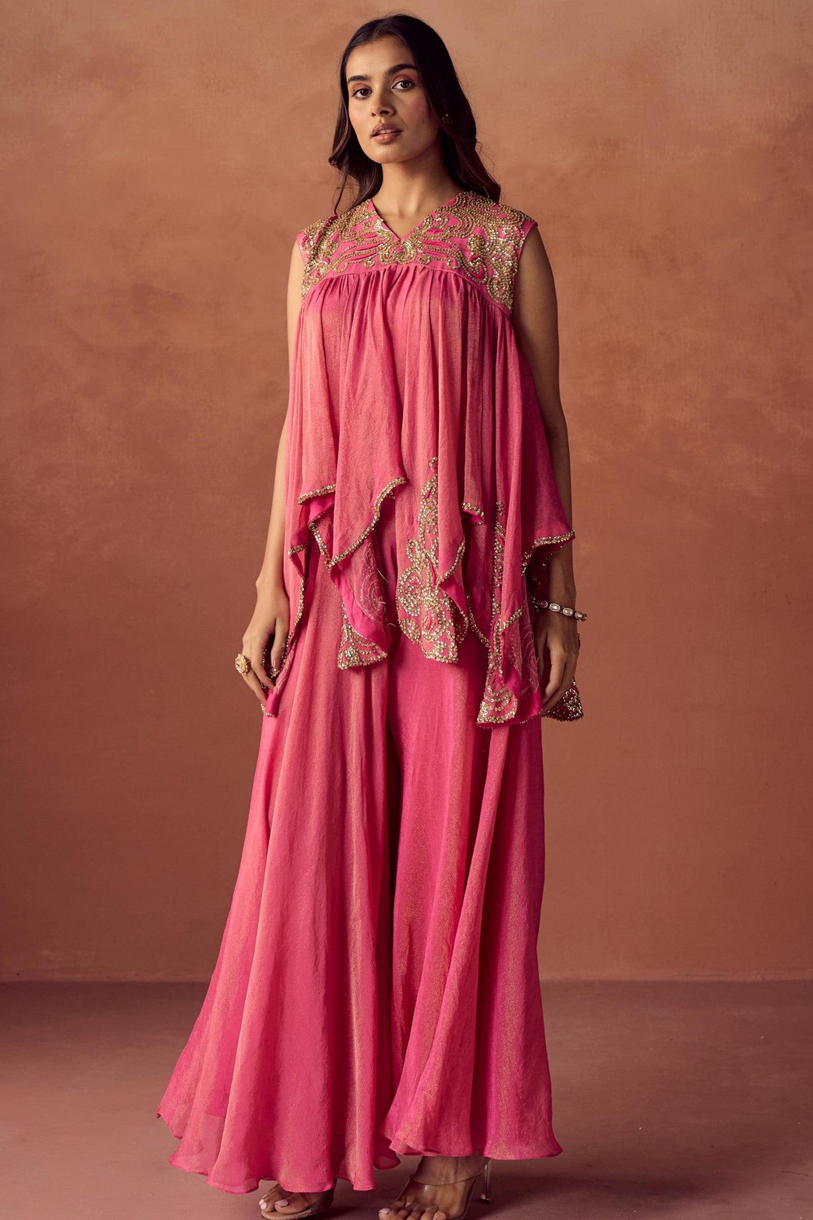 Blush Glimmer Embellished Shimmer Tissue Silk Tunic Set