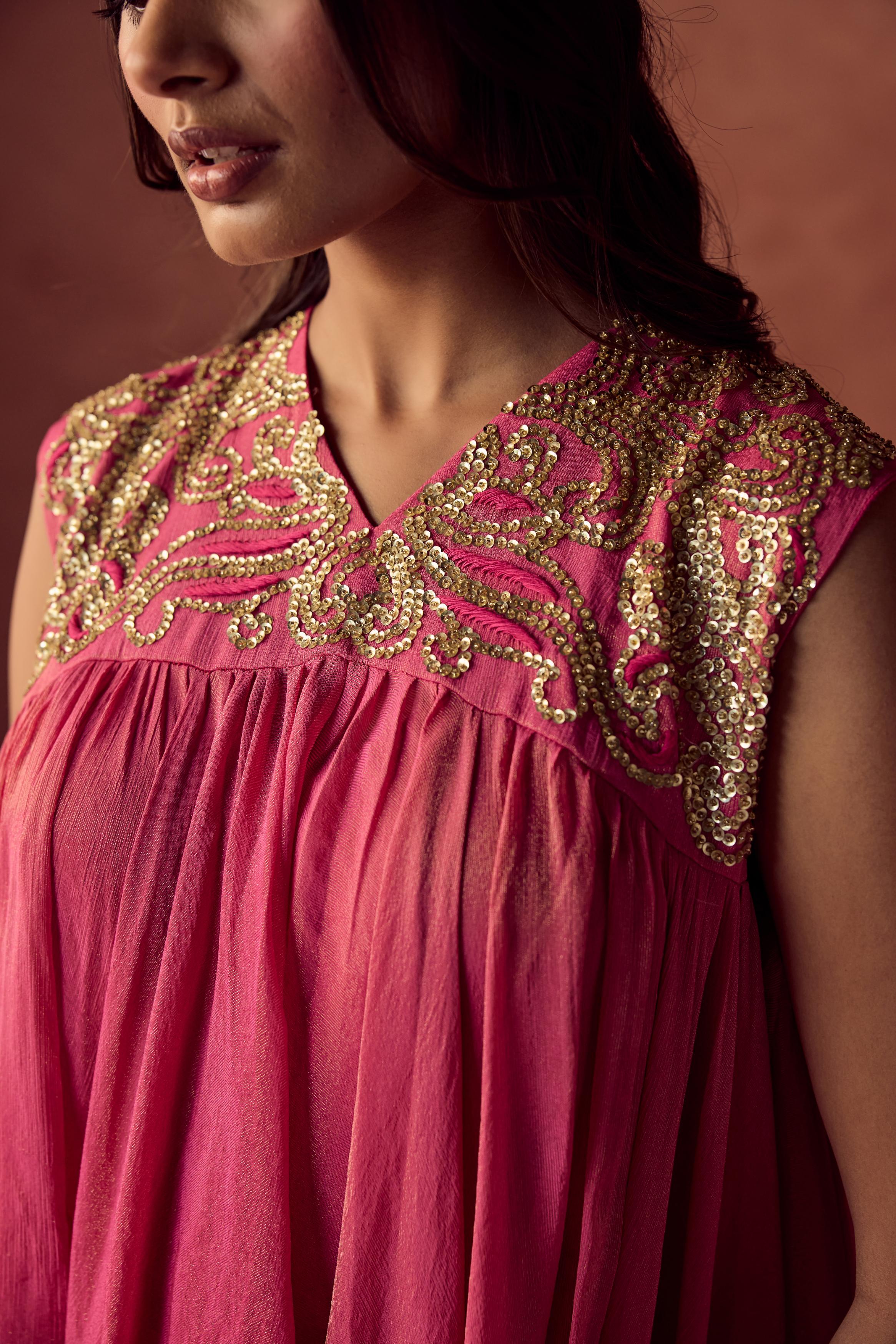 Blush Glimmer Embellished Shimmer Tissue Silk Tunic Set