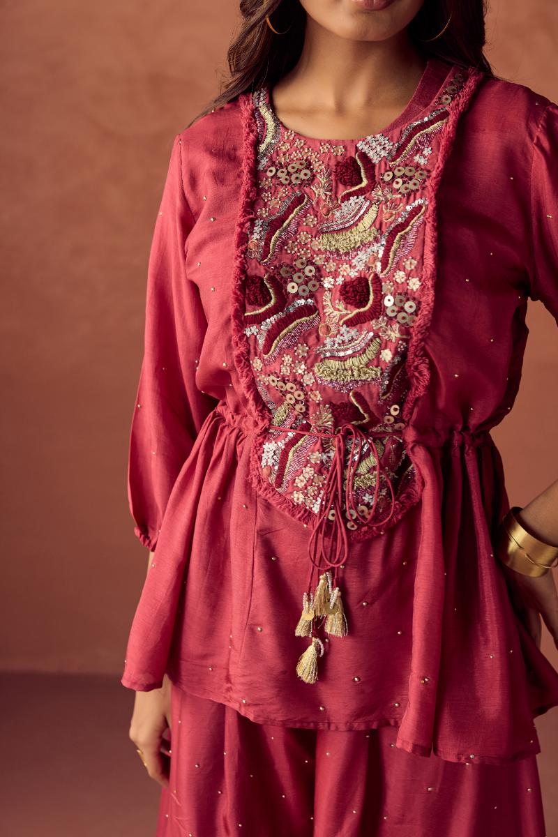 Rust Red Embroidered Premium Silk Co-Ord Set